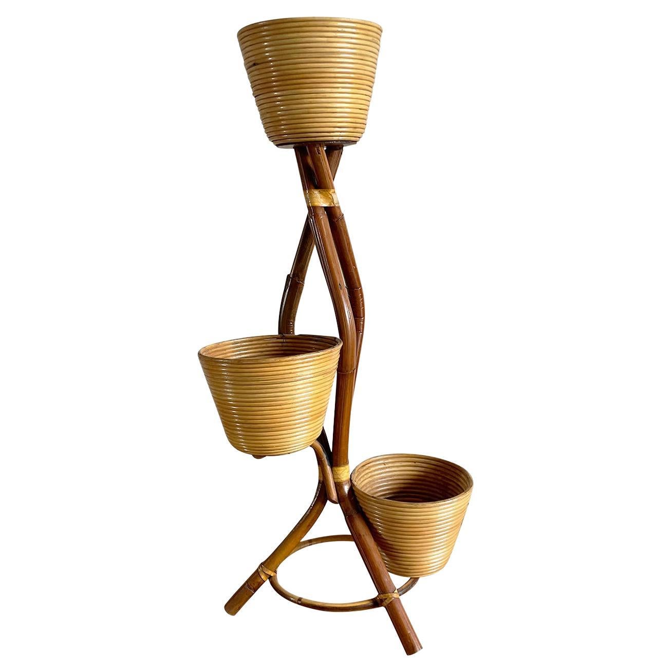 20th Century Italian Vintage Rattan Plant Stand in the style of Gio Ponti