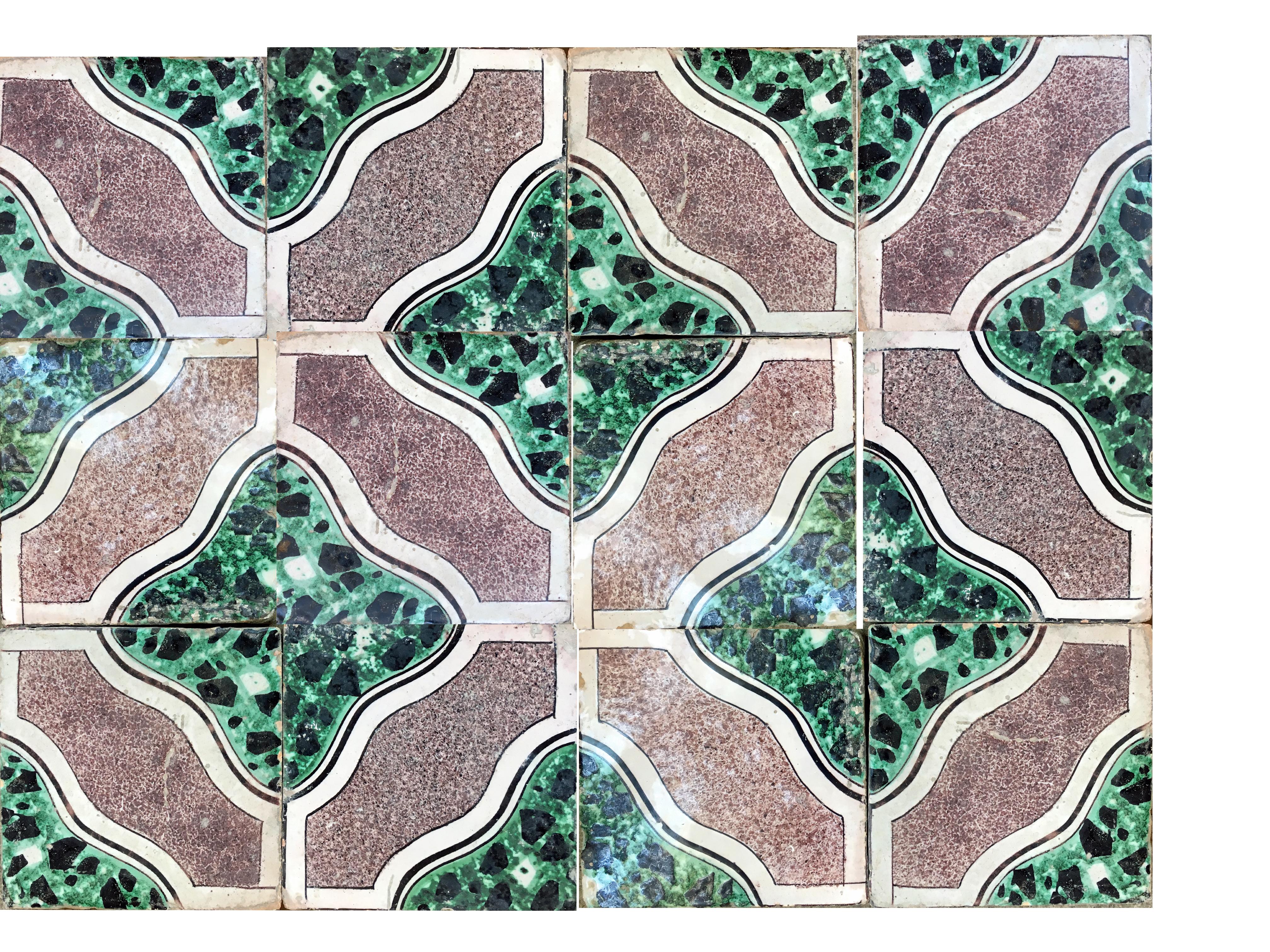 20th century Italian vintage reclaimed decorated tiles, 1920s.
68 pcs available. Approximately 2.70 sqm.