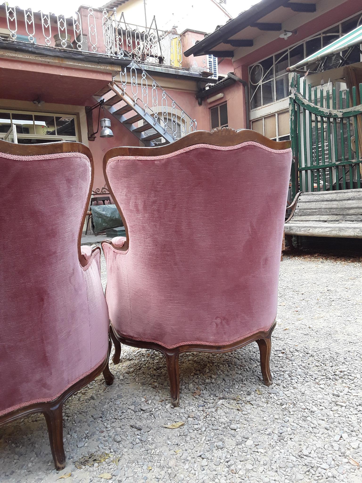 20th Century Italian Walnut Armchairs with Cherry Colour Original Velvet Fabric 5
