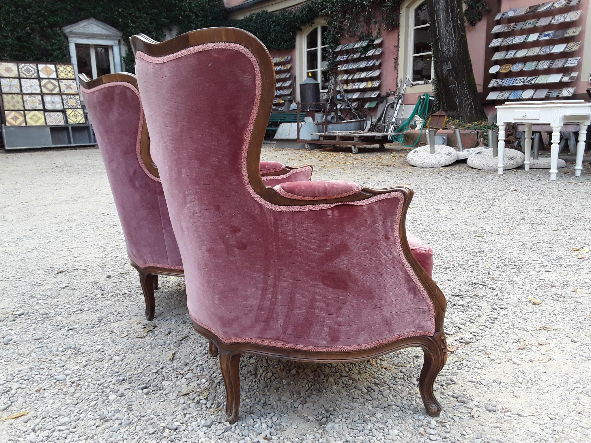 20th Century Italian Walnut Armchairs with Cherry Colour Original Velvet Fabric 7