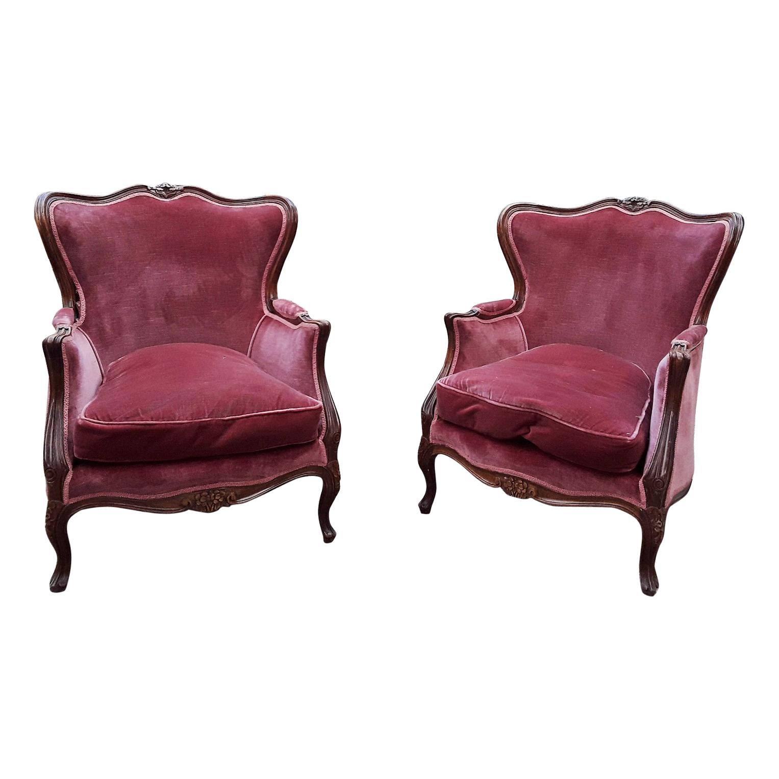 20th Century Italian Walnut Armchairs with Cherry Colour Original Velvet Fabric