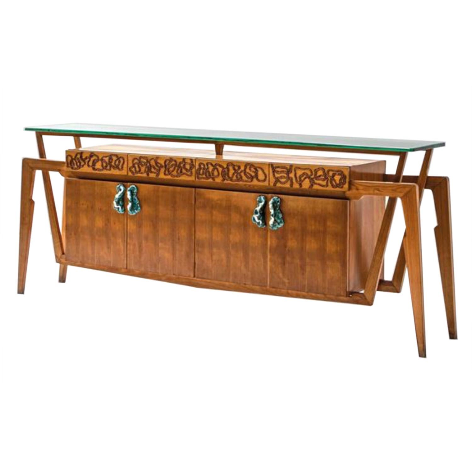 Mid-Century Modern 20th Century Italian Walnut, Ceramic Sideboard, Veneered Maple Console Table For Sale