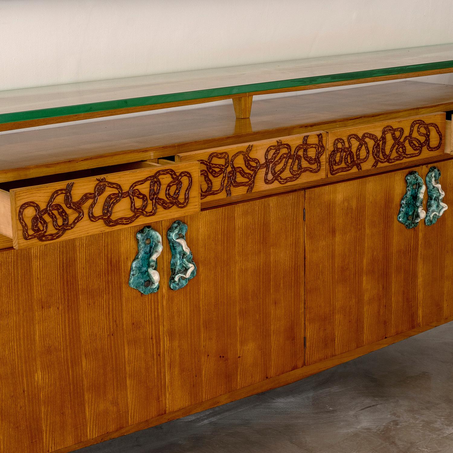 20th Century Italian Walnut, Ceramic Sideboard, Veneered Maple Console Table In Good Condition For Sale In West Palm Beach, FL