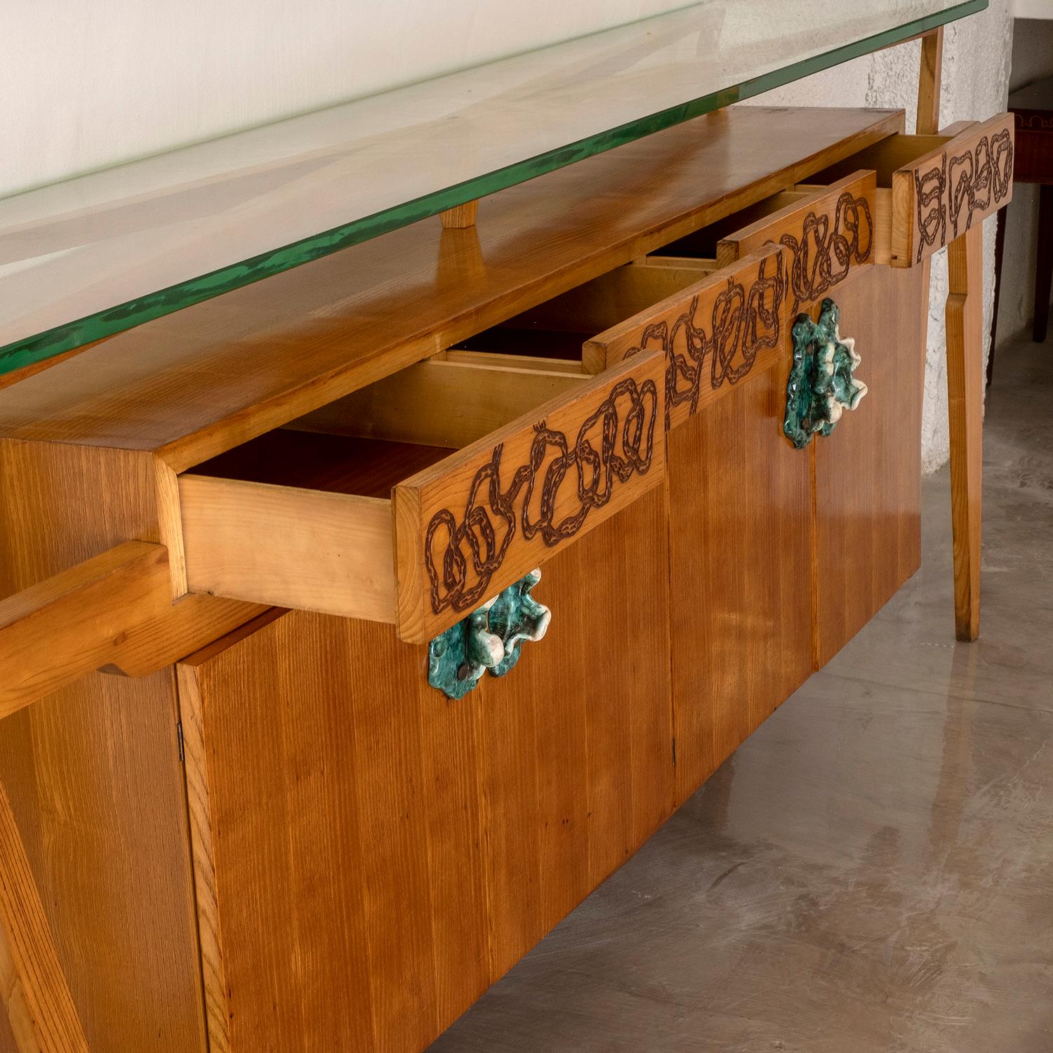 20th Century Italian Walnut, Ceramic Sideboard, Veneered Maple Console Table For Sale 3