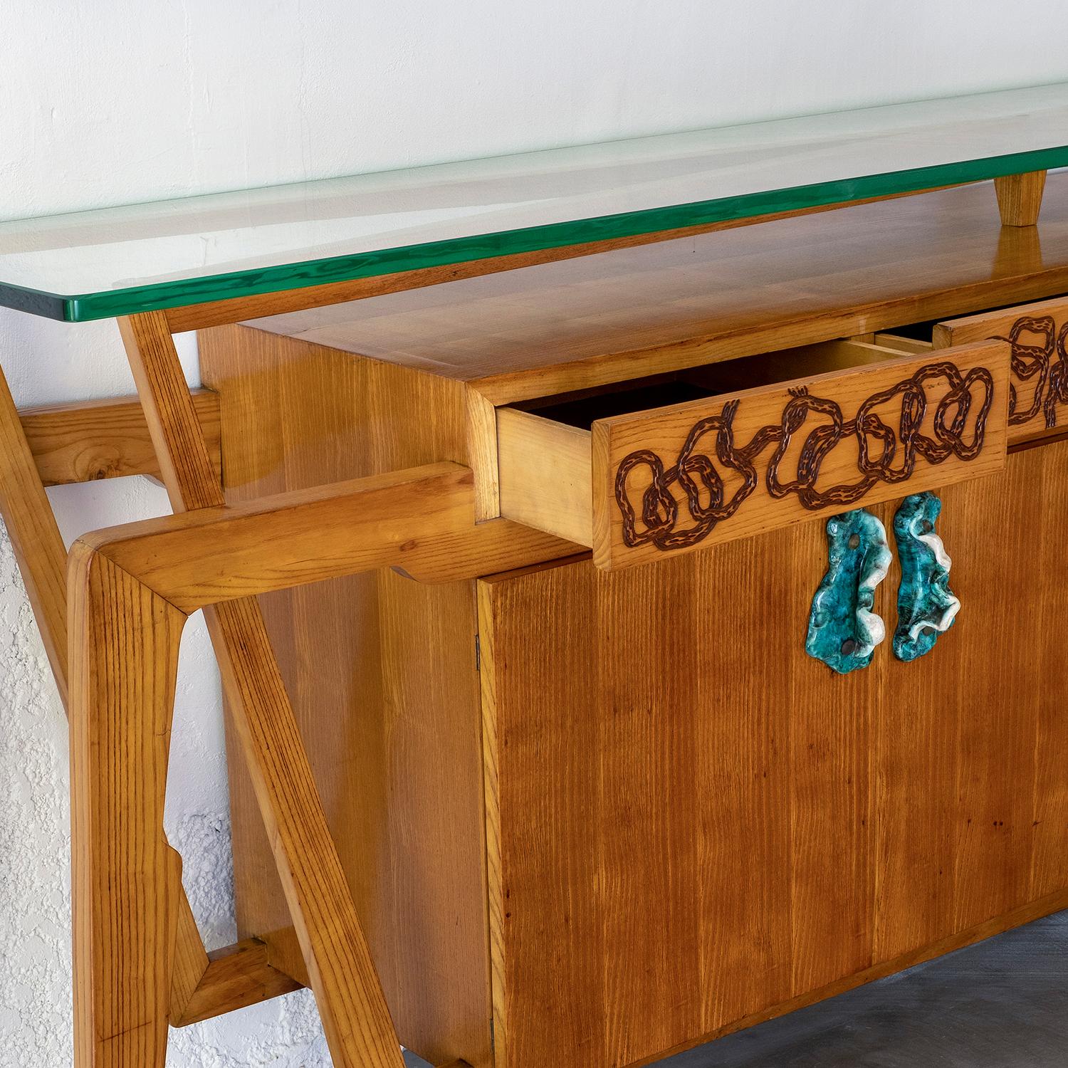 20th Century Italian Walnut, Ceramic Sideboard, Veneered Maple Console Table For Sale 4