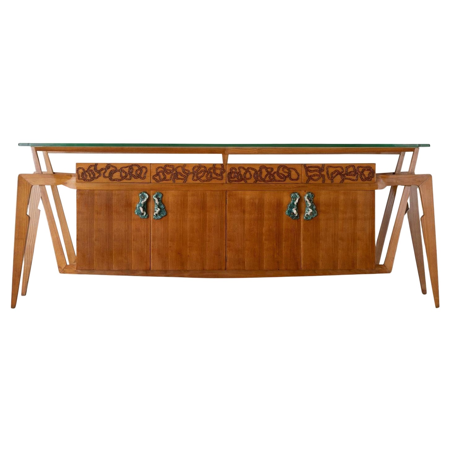 20th Century Italian Walnut, Ceramic Sideboard, Veneered Maple Console Table