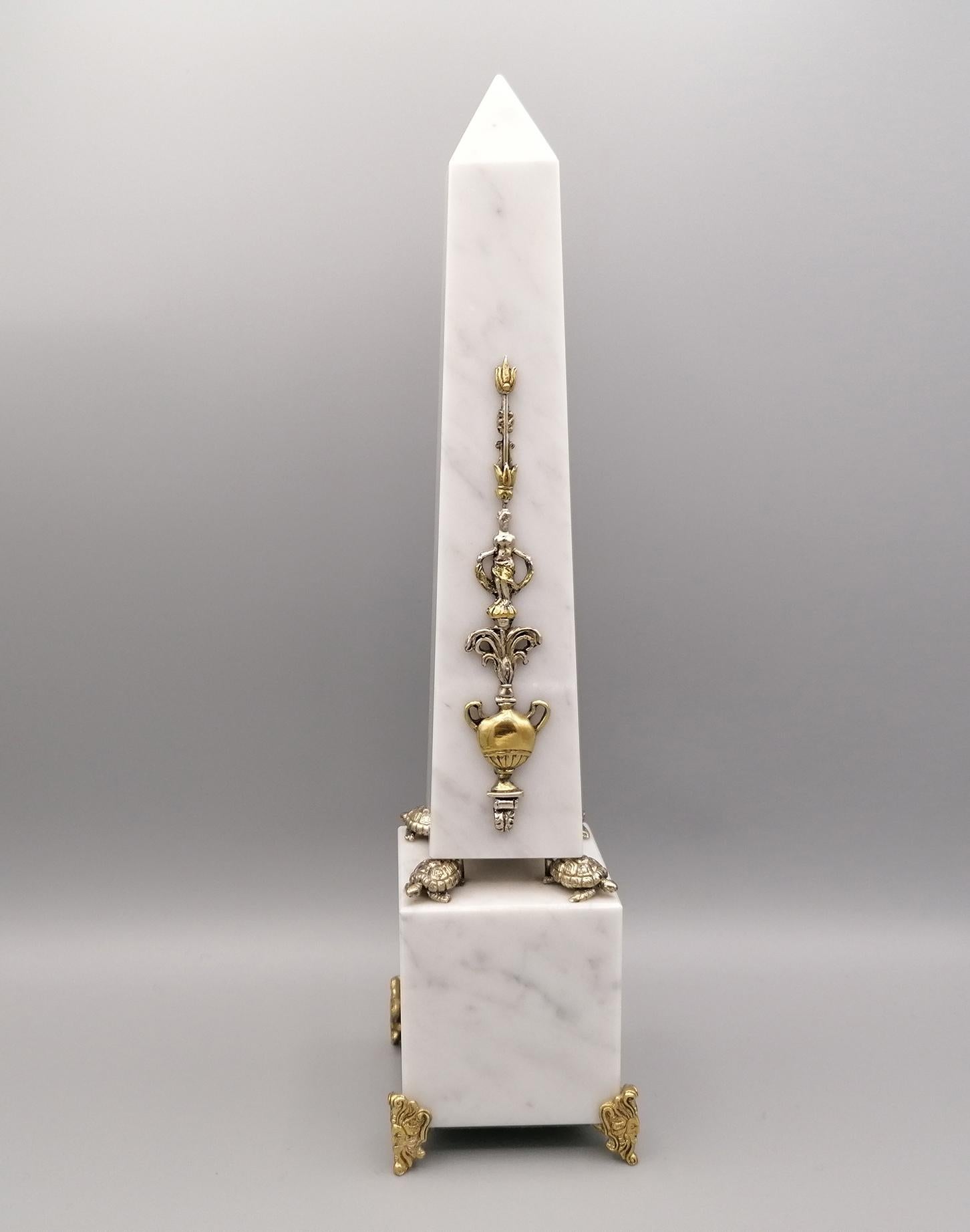 20th Century Italian White Carrara Marble Obelisk with Sterling Silver Friezes For Sale 3