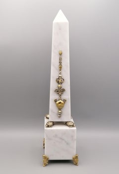 20th Century Italian White Carrara Marble Obelisk with Sterling Silver Friezes