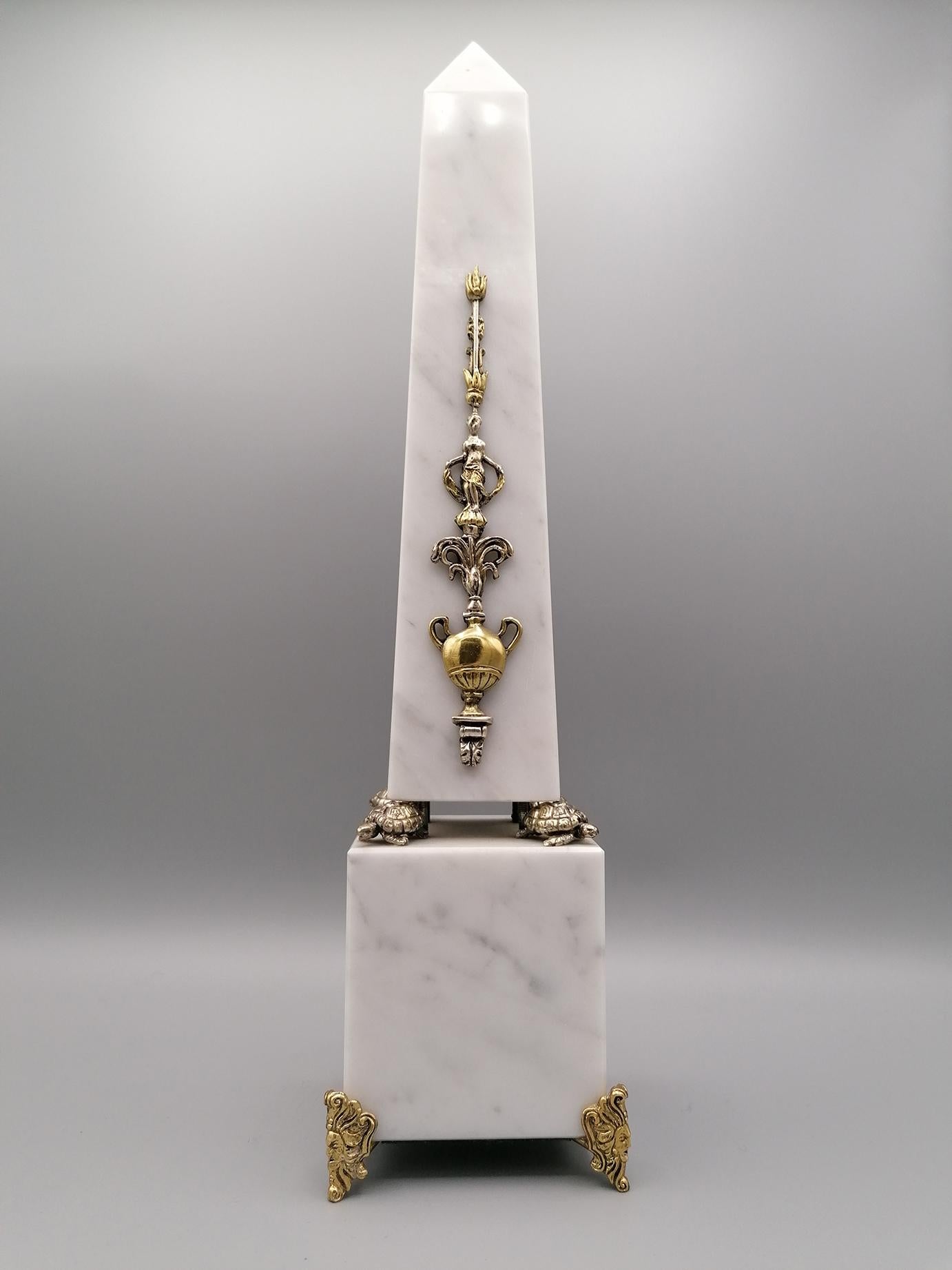 Other 20th Century Italian White Carrara Marble Obelisk with Sterling Silver Friezes For Sale