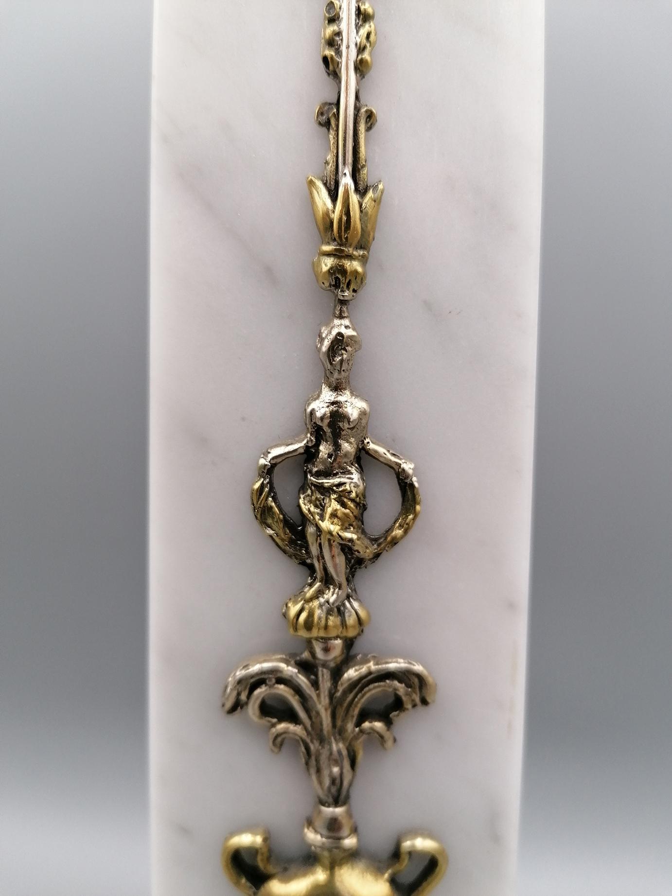 Gilt 20th Century Italian White Carrara Marble Obelisk with Sterling Silver Friezes For Sale
