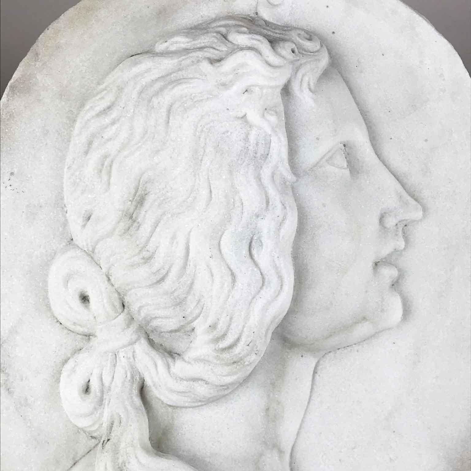 Romantic 20th Century Italian White Marble Female Portrait Relief with Crescent Moon