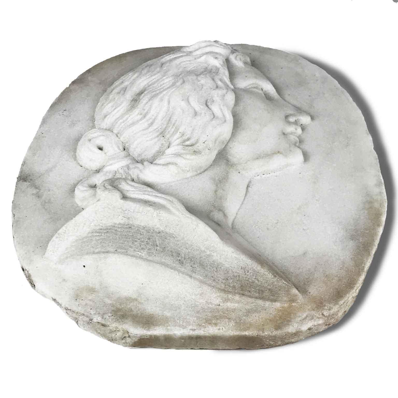 Carrara Marble 20th Century Italian White Marble Female Portrait Relief with Crescent Moon