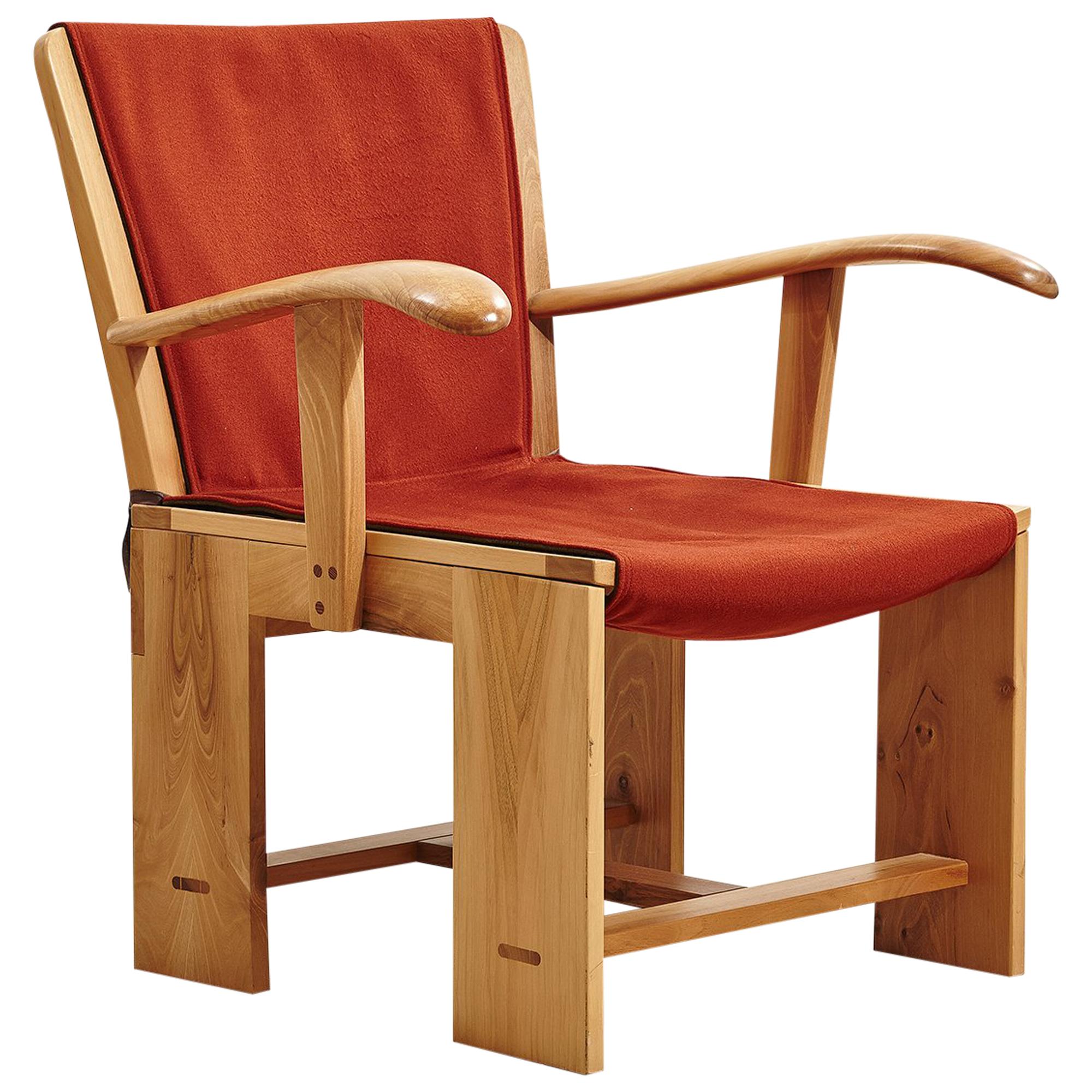 20th Century Italian Wooden Armchair with Red Fabric Designed by Carlo Scarpa For Sale
