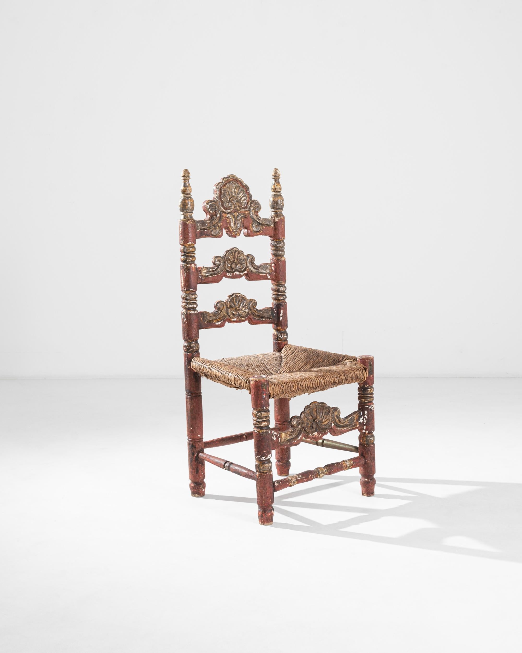 Step into the artistry of Italian design with this 20th Century Wooden Chair, a piece that gracefully combines the rustic appeal of its woven seats with the opulence of its ornate frame. Each chair stands as a testament to the skilled craftsmanship,