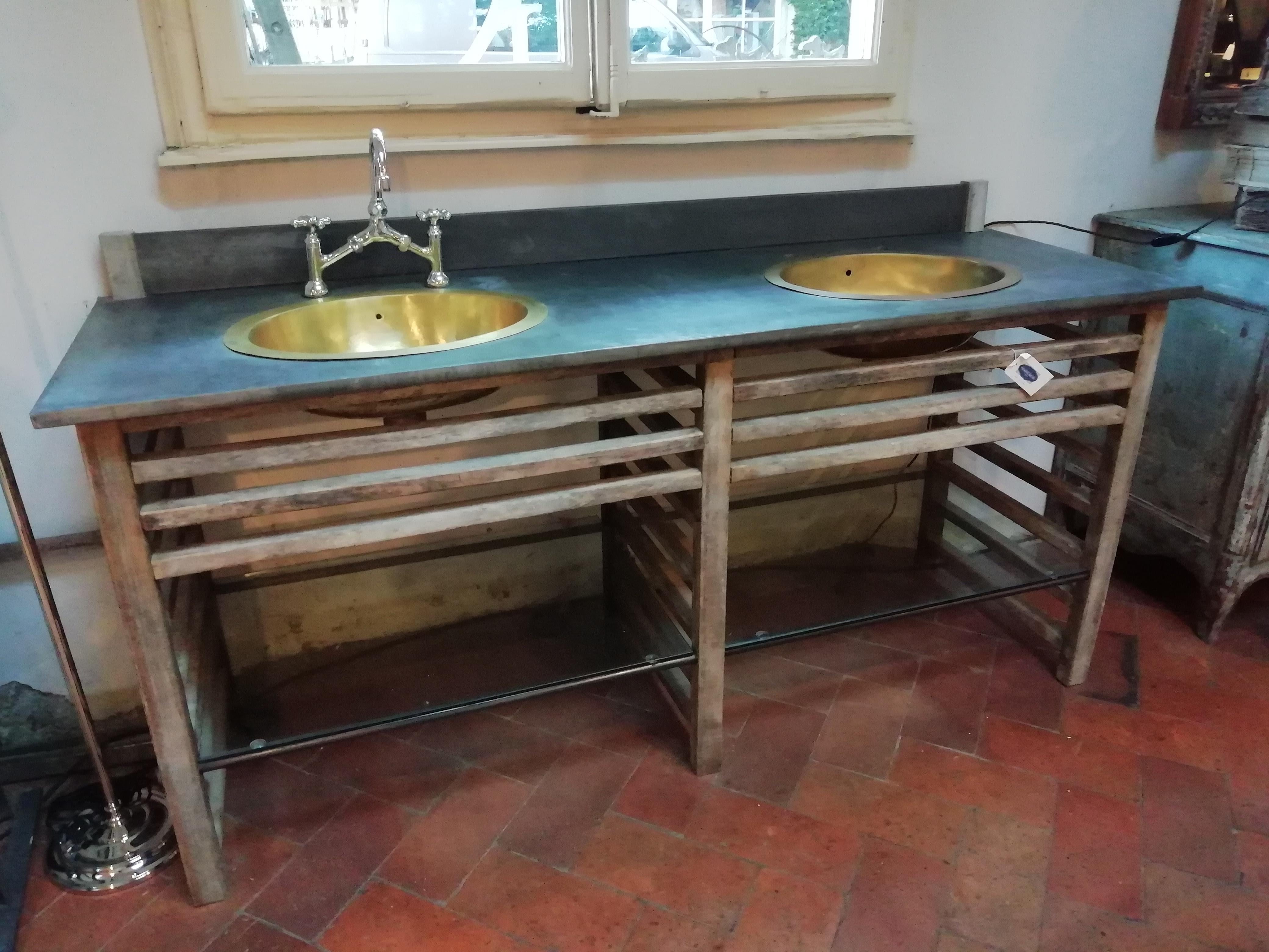 20th Century Italian Wooden Double Brass Sink Cupboard For Sale 6