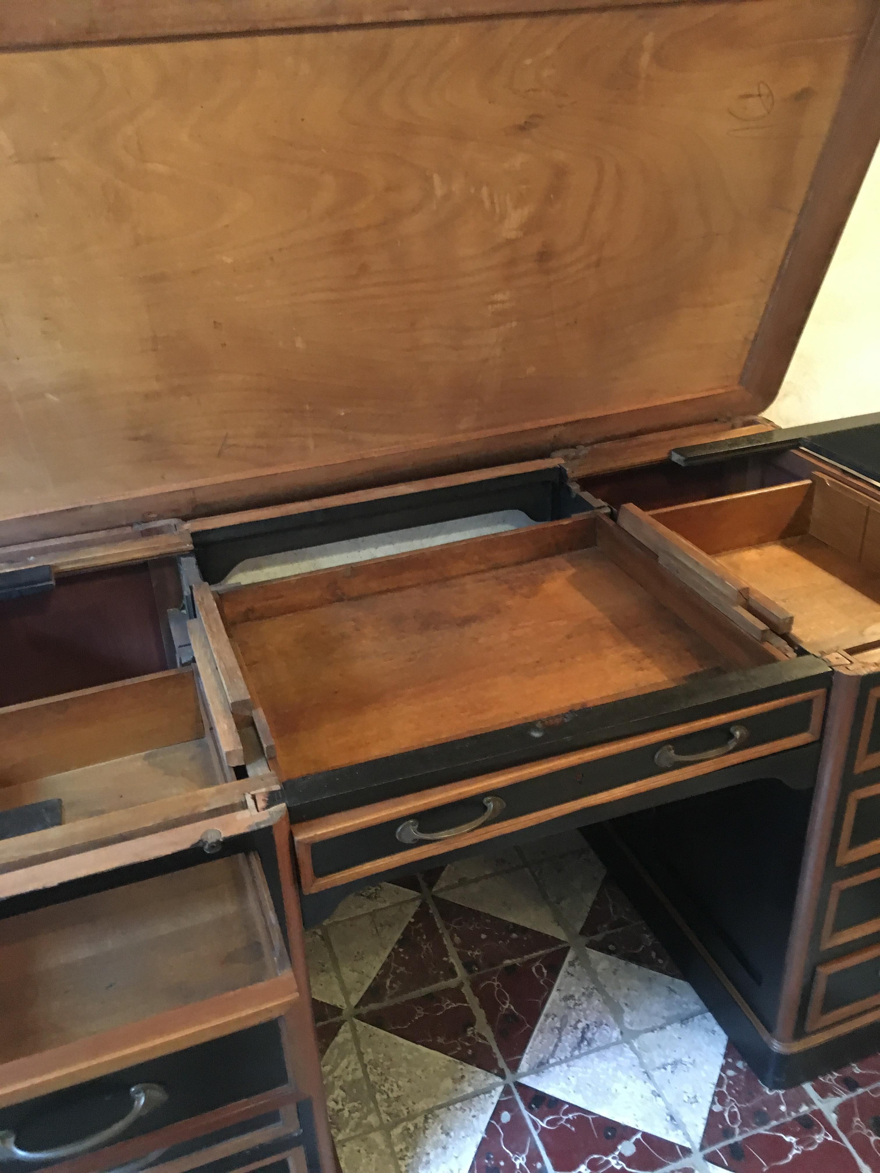 Ebonized 20th Century Italian Writing Desk in Oakwood with Drawers and Extendable Tops