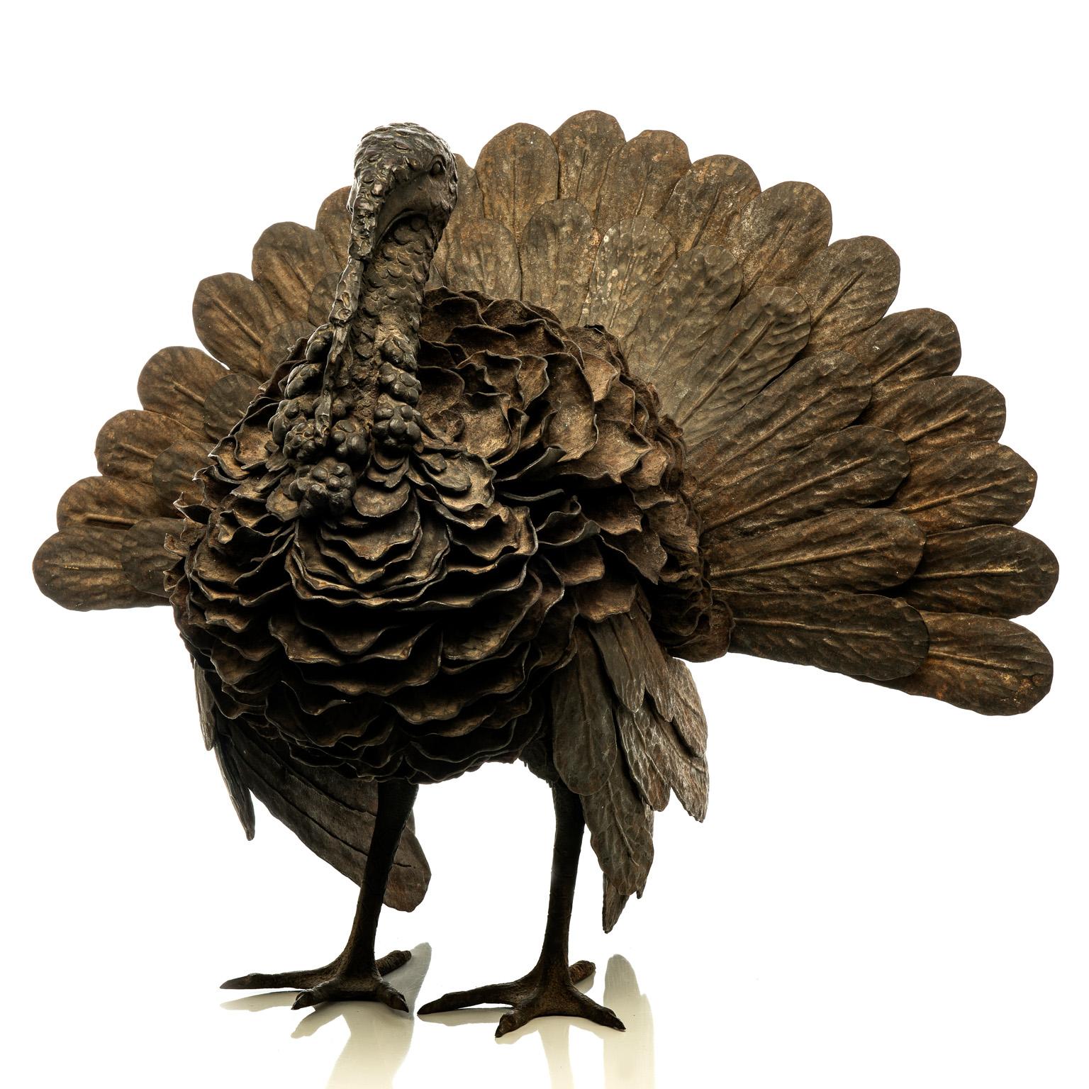 Exclusive and unique Italian Art Nouveau sculpture, an hand forged wrought iron turkey sculpture, a life-size iron masterpiece, a turkey figure fully hand-made in museum quality, in the manner of Alessandro Mazzucotelli.

This impressive quality