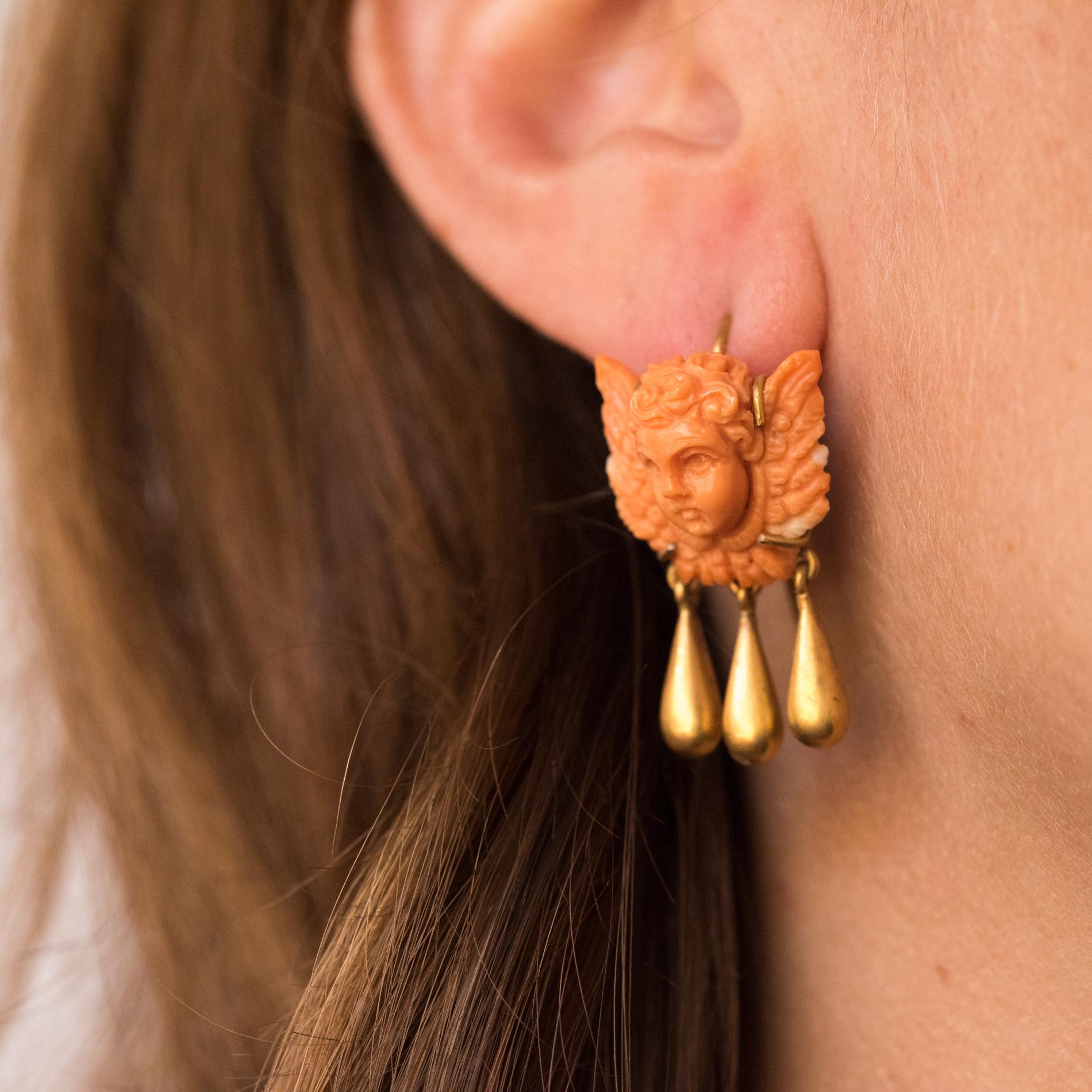 Empire 20th Century Italian Yellow Gold Coral Cherub Shape Earrings
