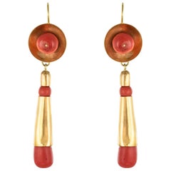 20th Century Italian Yellow Gold Coral Dangle Earrings