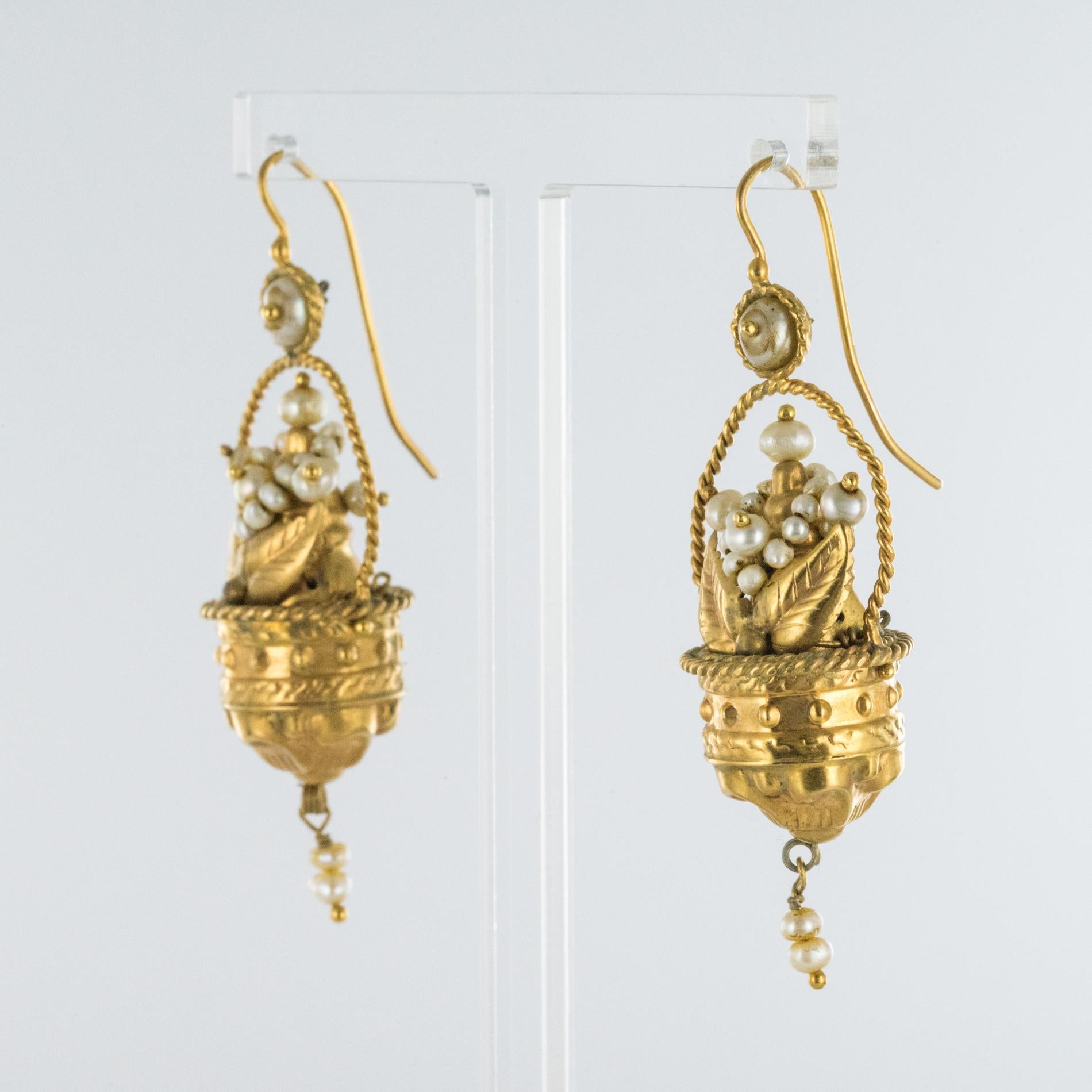 Empire 20th Century Italian Yellow Gold Natural Pearl Basket Shape Dangle Earrings
