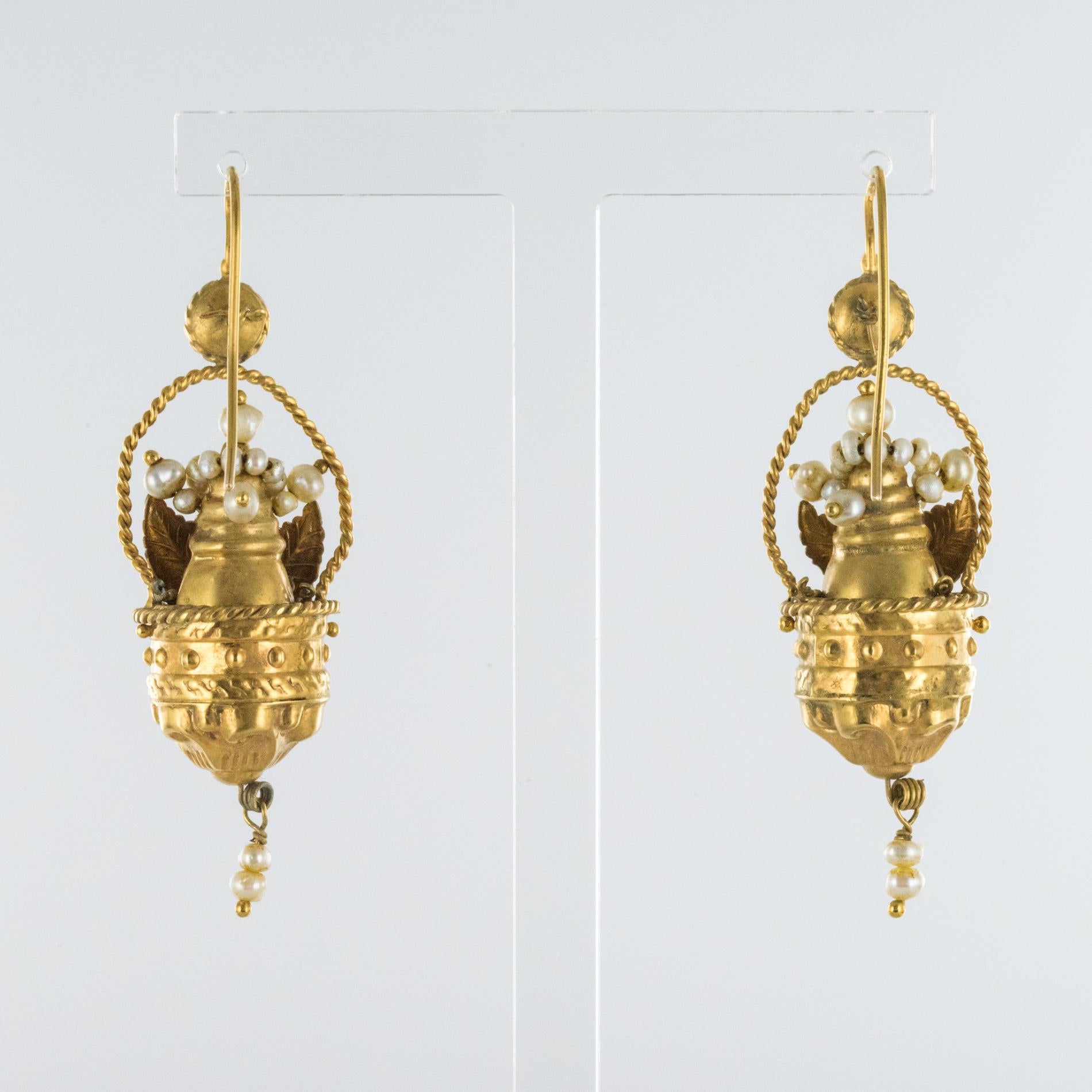 Round Cut 20th Century Italian Yellow Gold Natural Pearl Basket Shape Dangle Earrings