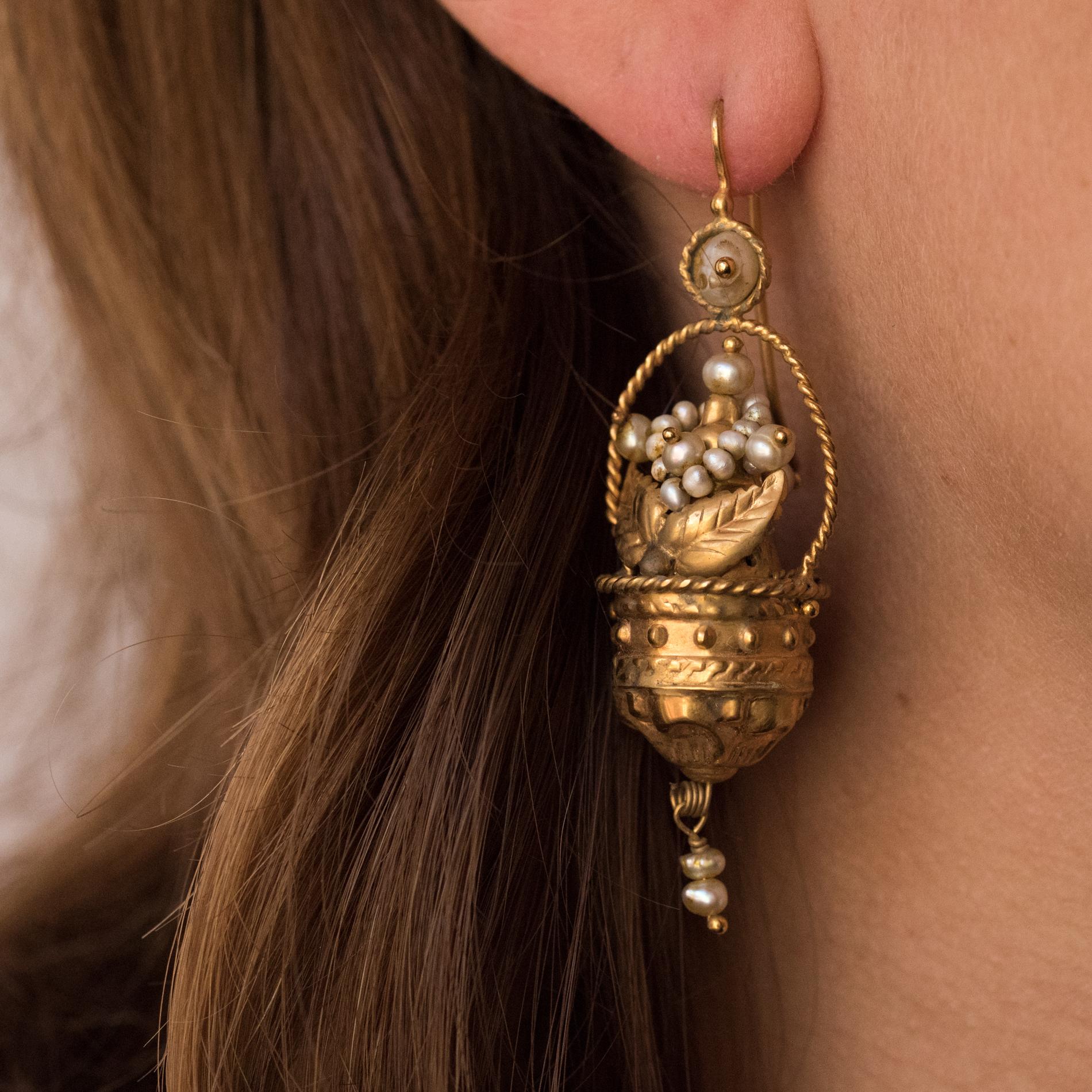 Women's 20th Century Italian Yellow Gold Natural Pearl Basket Shape Dangle Earrings