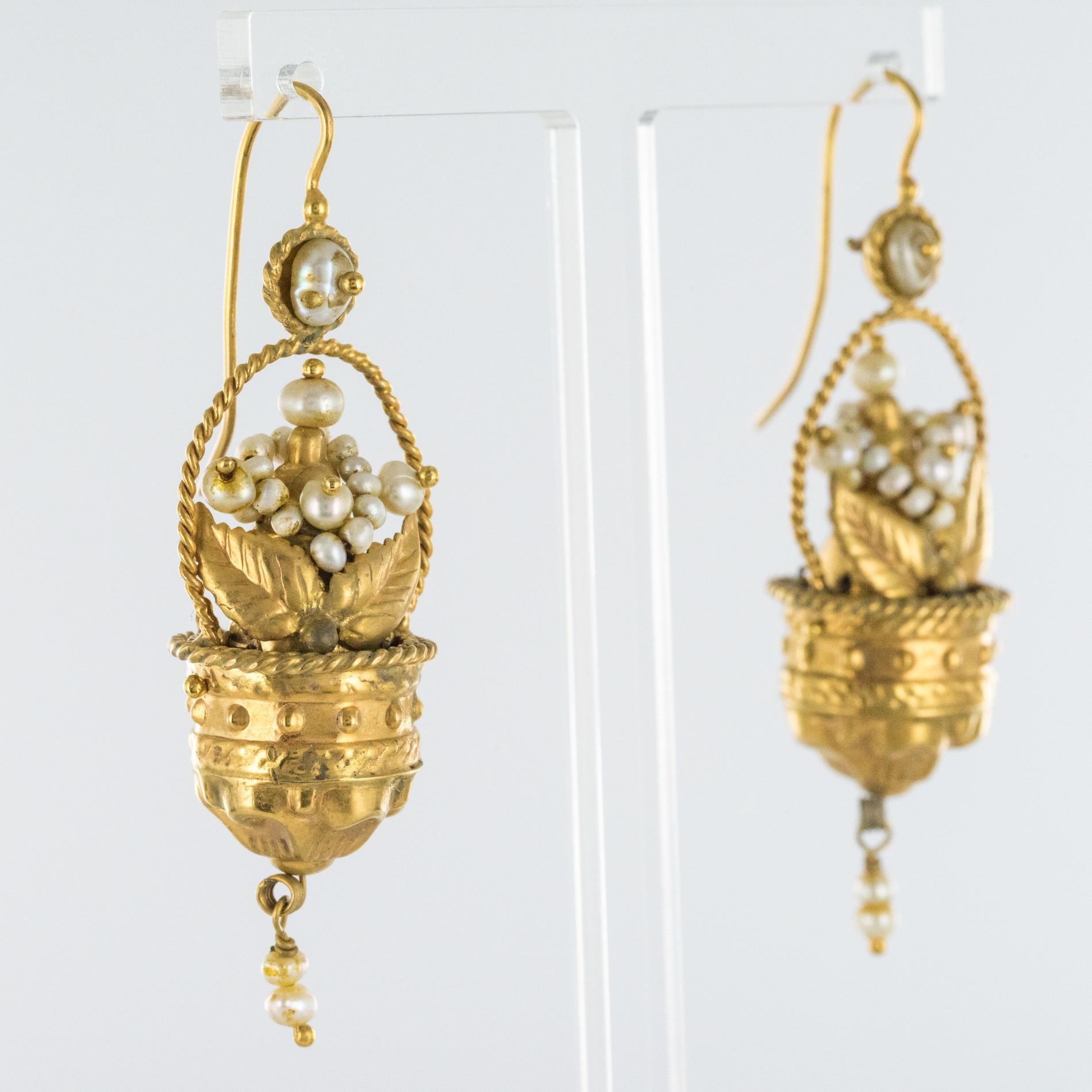 20th Century Italian Yellow Gold Natural Pearl Basket Shape Dangle Earrings 1