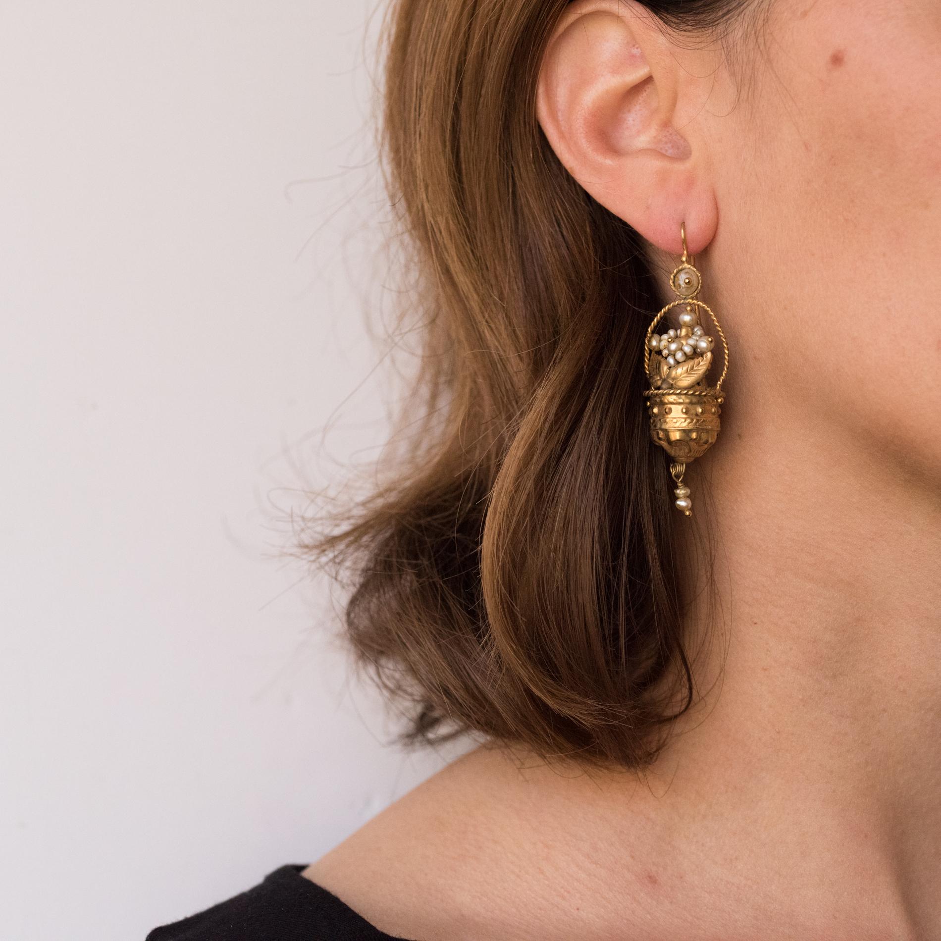 20th Century Italian Yellow Gold Natural Pearl Basket Shape Dangle Earrings 2