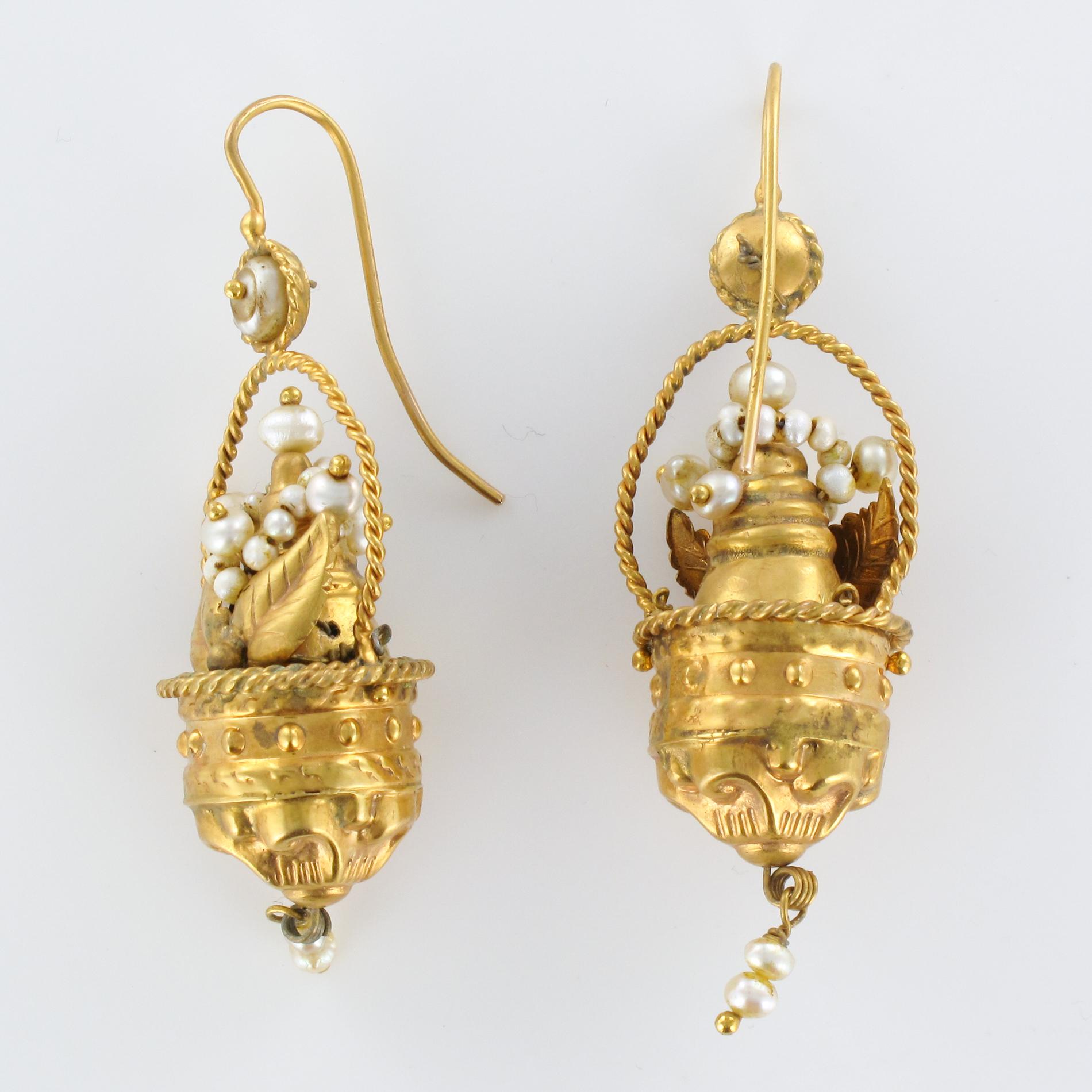 20th Century Italian Yellow Gold Natural Pearl Basket Shape Dangle Earrings 3