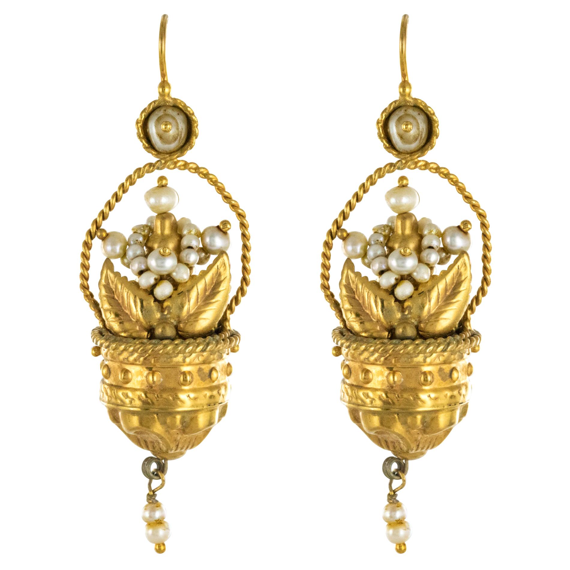 20th Century Italian Yellow Gold Natural Pearl Basket Shape Dangle Earrings