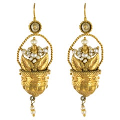 20th Century Italian Yellow Gold Natural Pearl Basket Shape Dangle Earrings