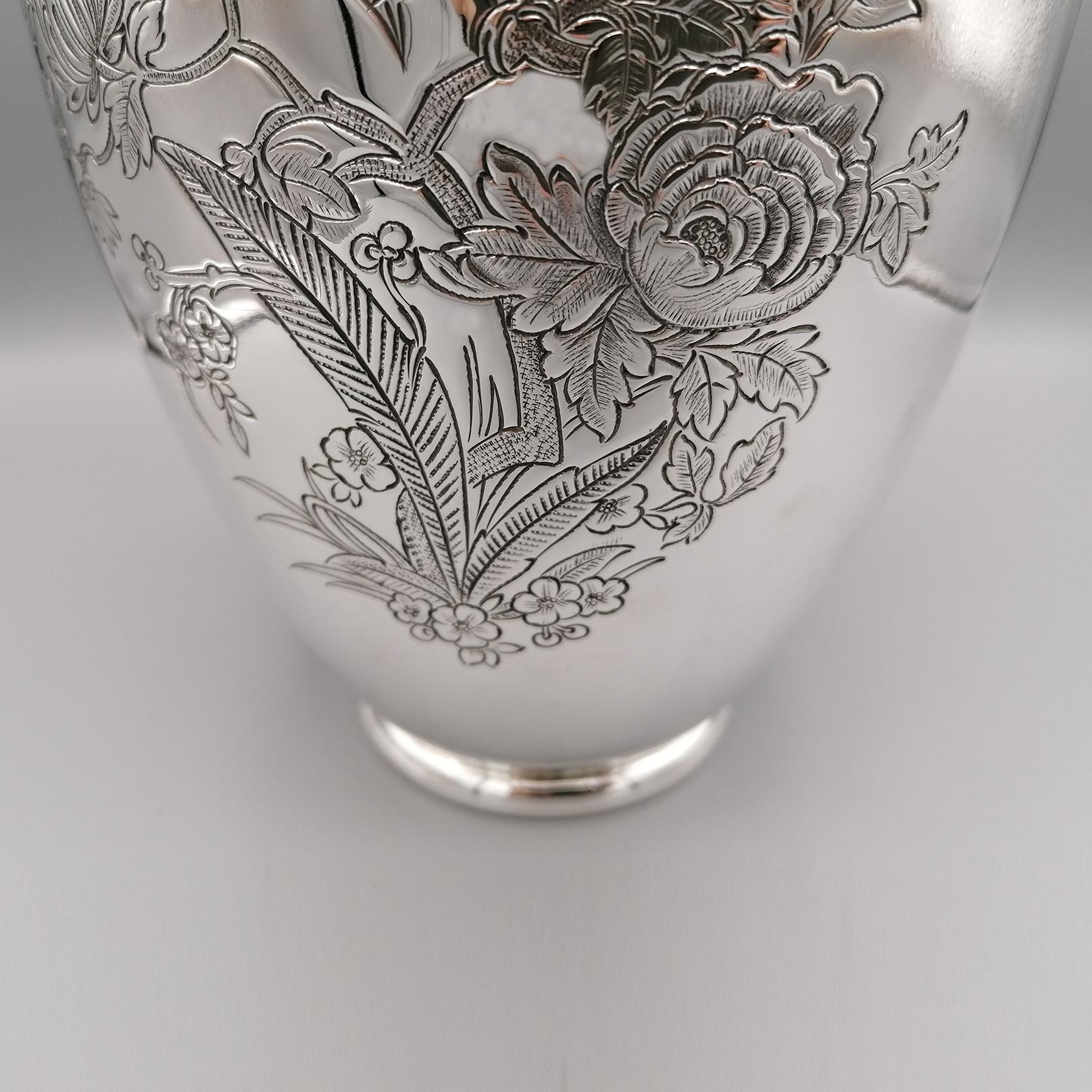 20th Century Italian Solid Silver Pair of Engraved Vases For Sale 9
