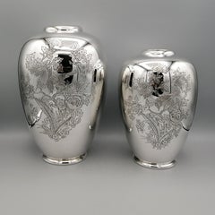 20th Century Italian Solid Silver Pair of Engraved Vases