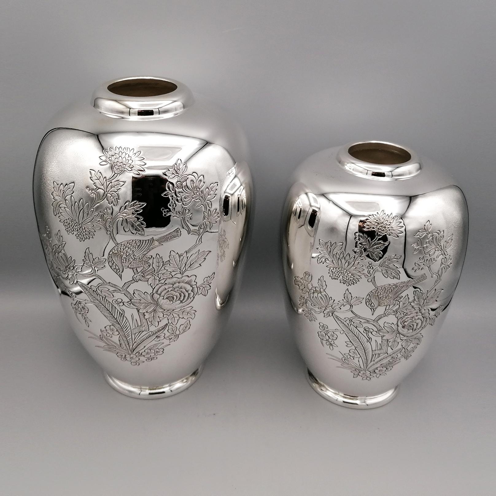 Chinese Chippendale 20th Century Italian Solid Silver Pair of Engraved Vases For Sale