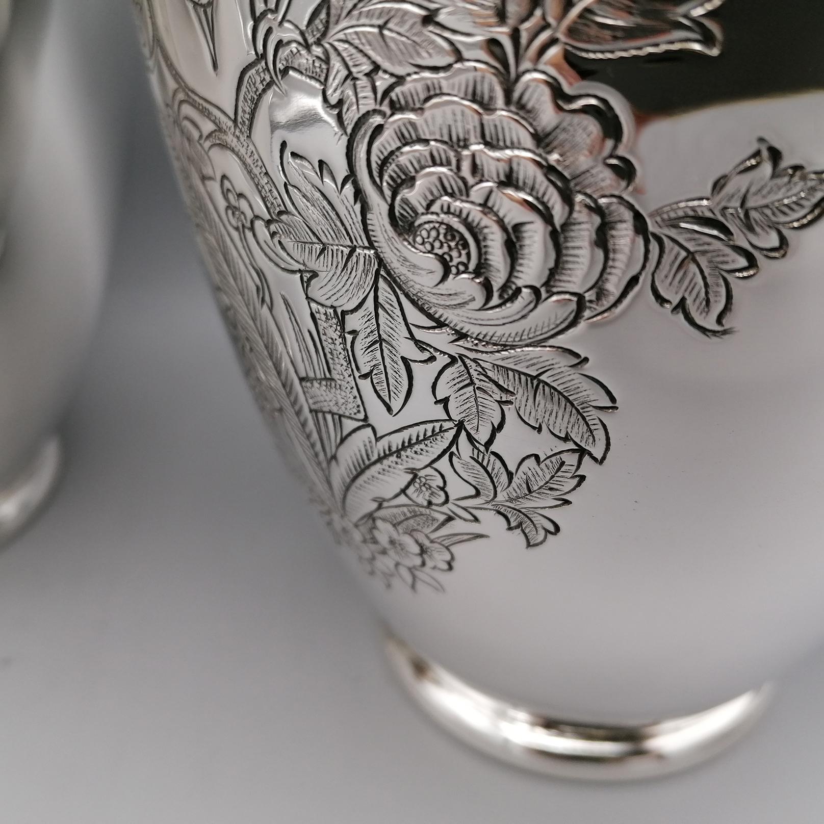 Late 20th Century 20th Century Italian Solid Silver Pair of Engraved Vases For Sale
