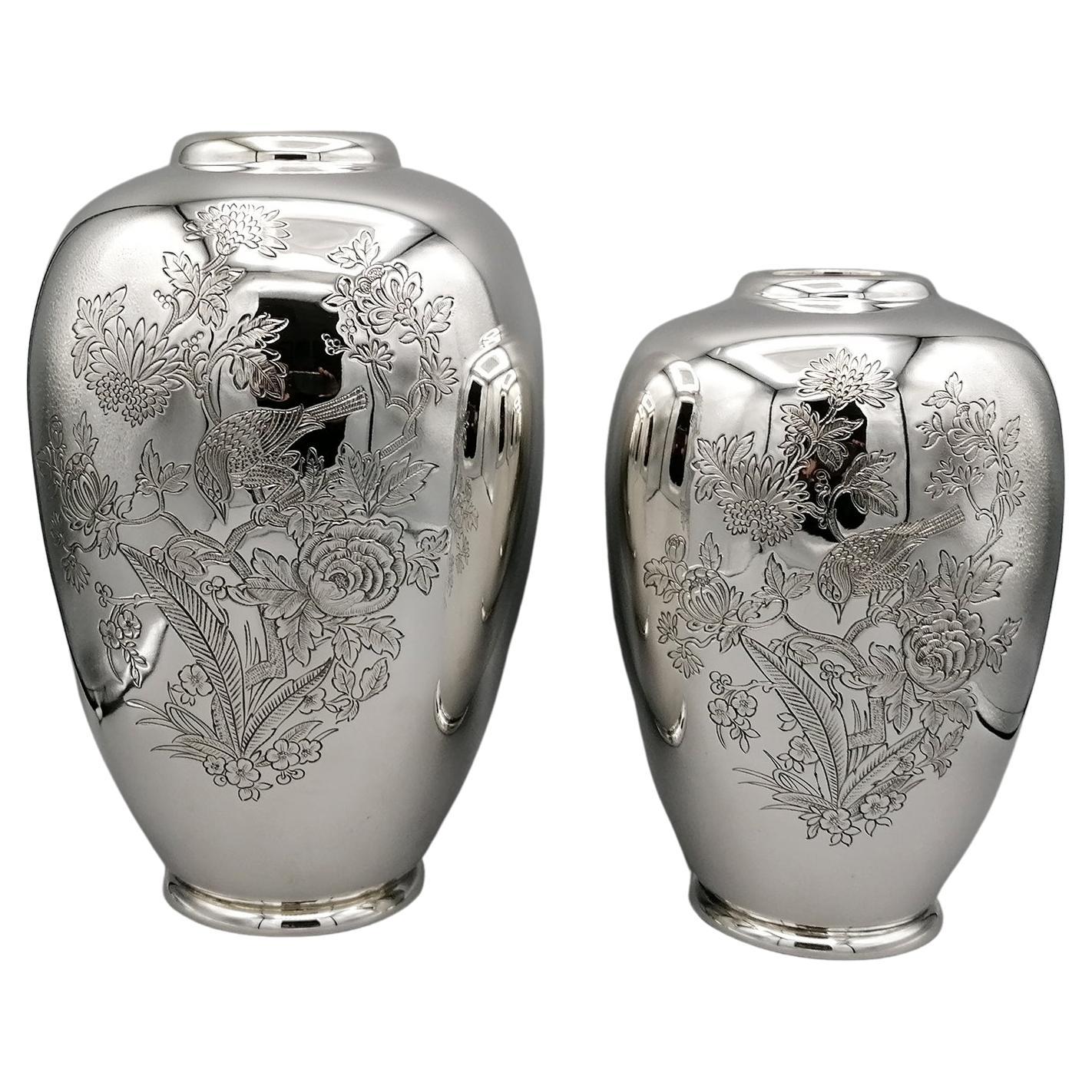 20th Century Italian Solid Silver Pair of Engraved Vases