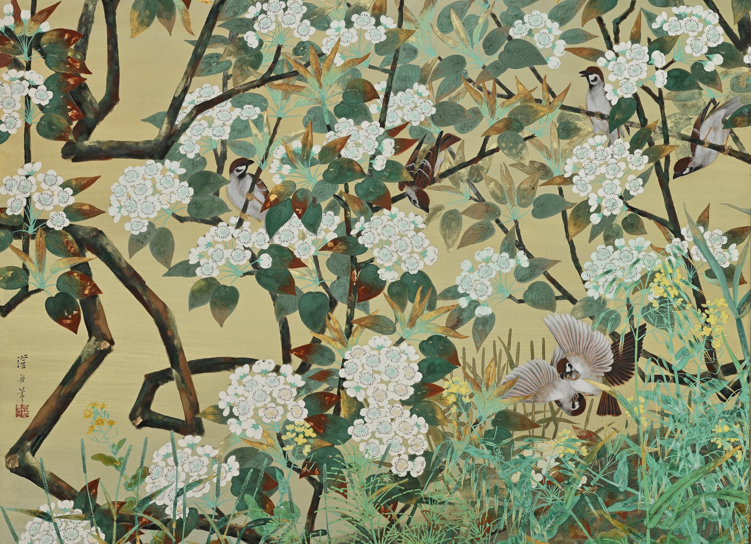 Showa 20th Century Japanese Bird & Flower Screen by Yoshida Choshu