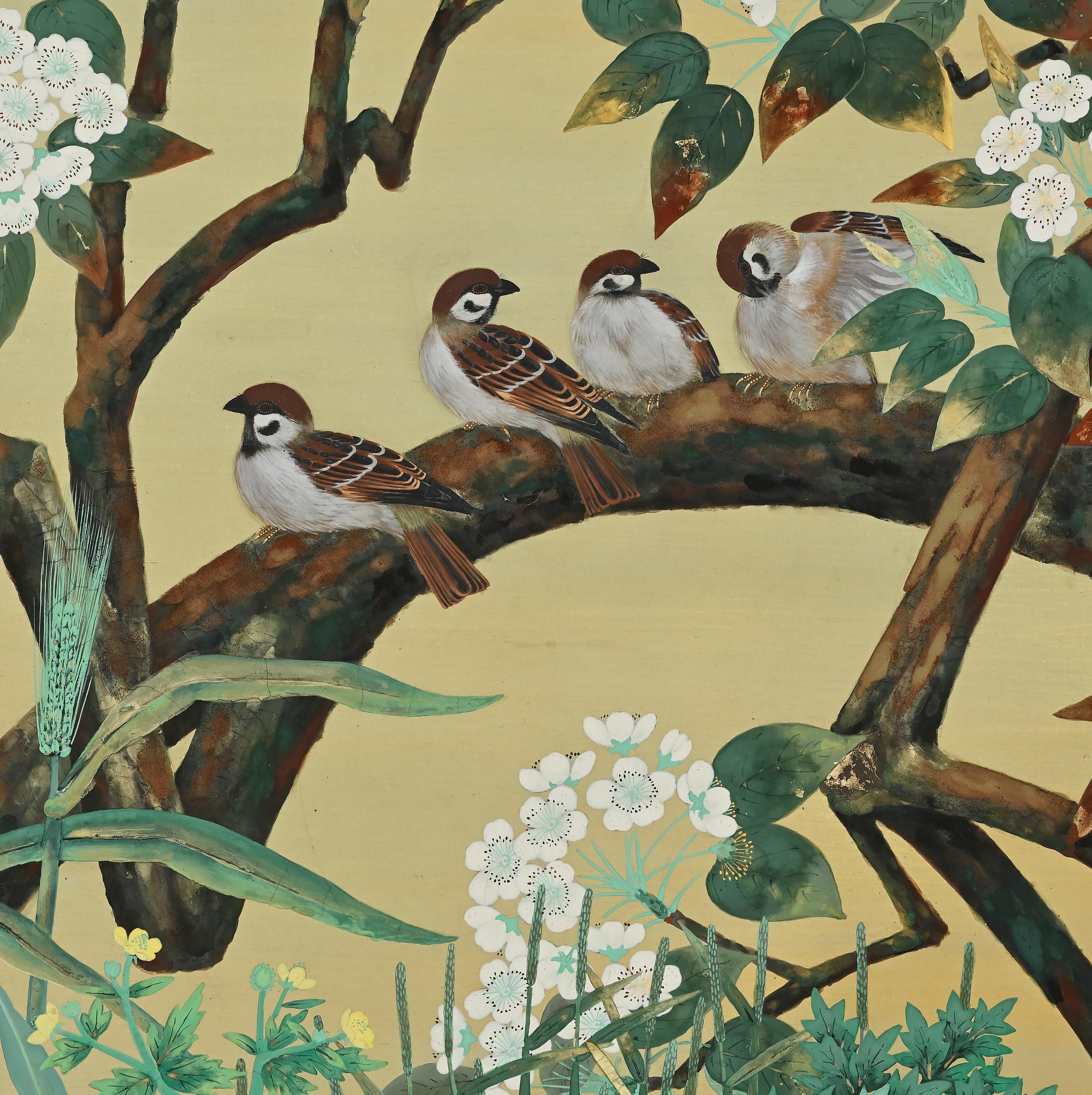 Hand-Painted 20th Century Japanese Bird & Flower Screen by Yoshida Choshu