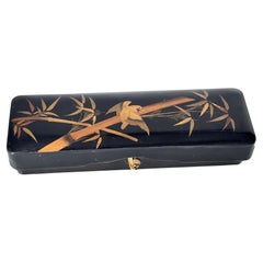 Antique 20th Century Japanese Black Lacquer Box with Gold Bird and Reed Motif Decorative