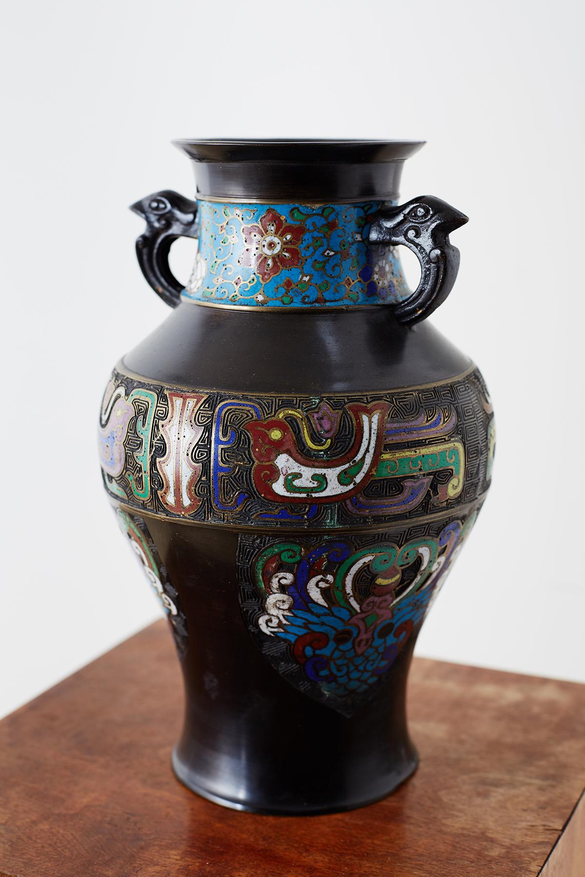 Hand-Crafted 20th Century Japanese Bronze Champlevé Enamel Vase For Sale