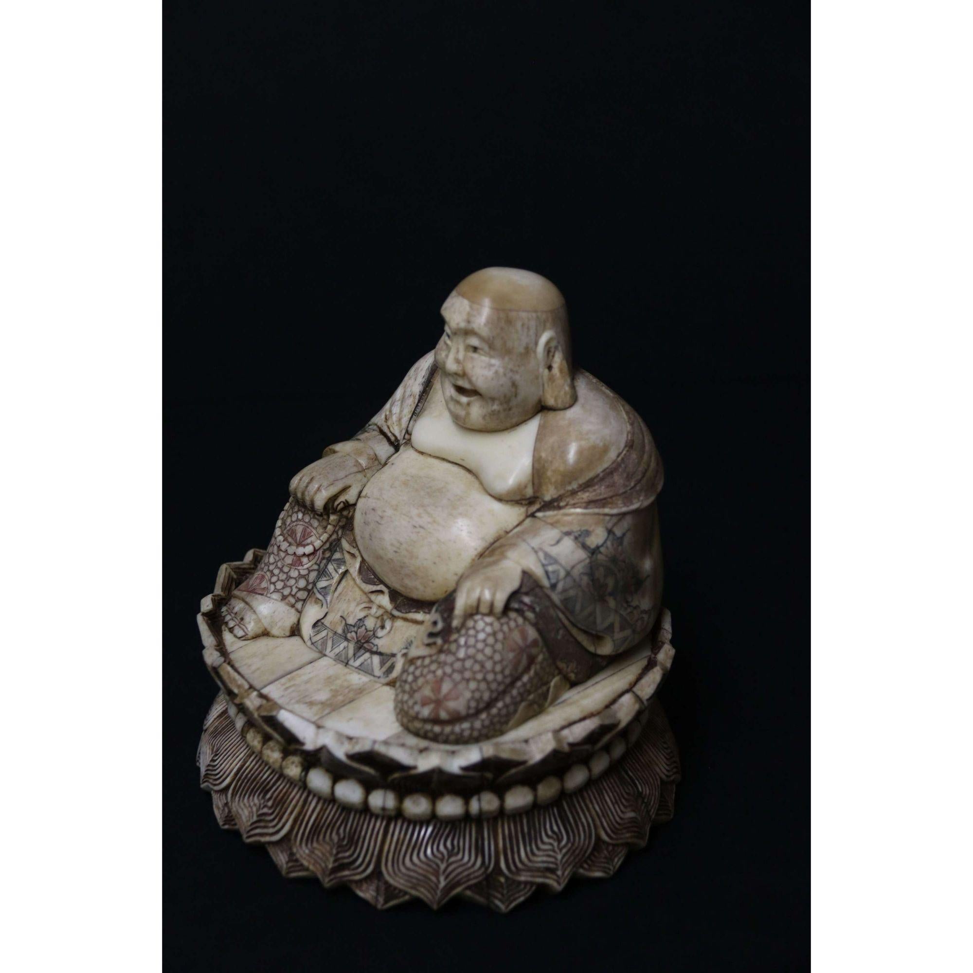 20th Century Japanese Carved Bone Okimono Carved Figure of the Seated Buddha For Sale 6
