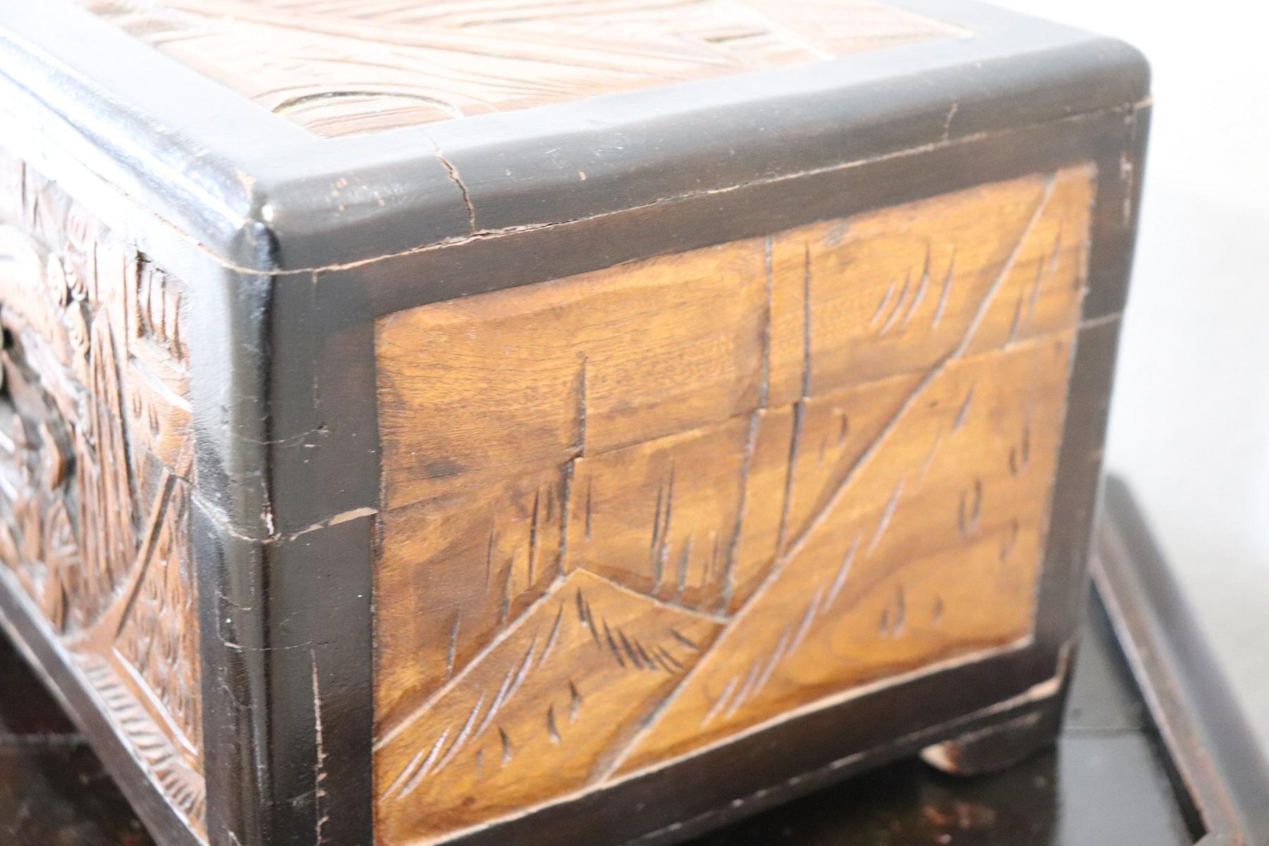 Wood 20th Century Japanese Carved Walnut Coffer or Jewelry Box
