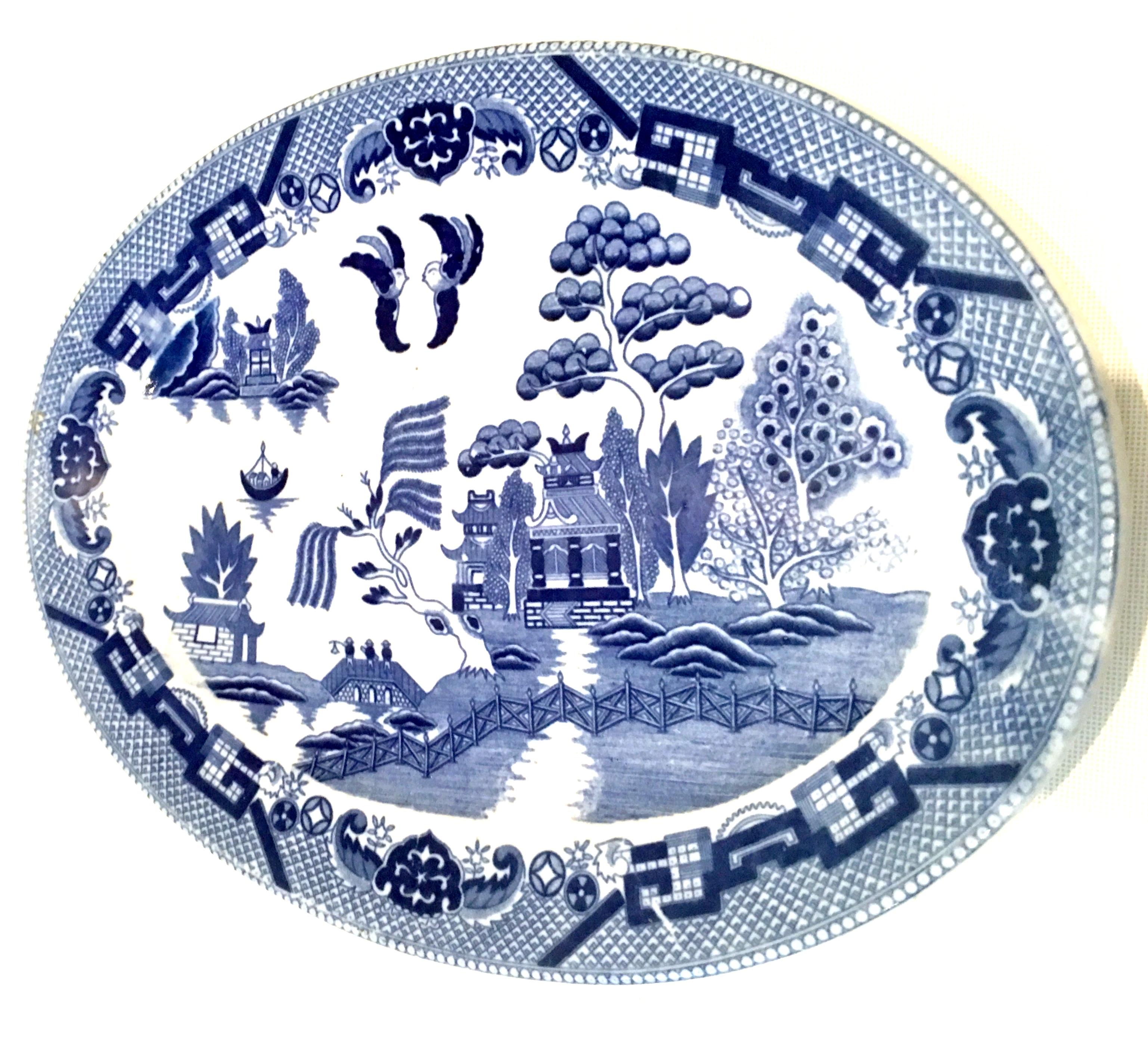 20th century Japanese ceramic glaze canton blue willow oval serving platter.