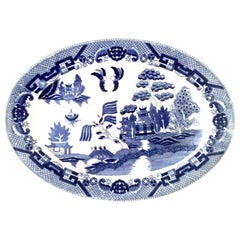 20th Century Japanese Ceramic Glaze Canton Blue Willow Oval Serving Platter
