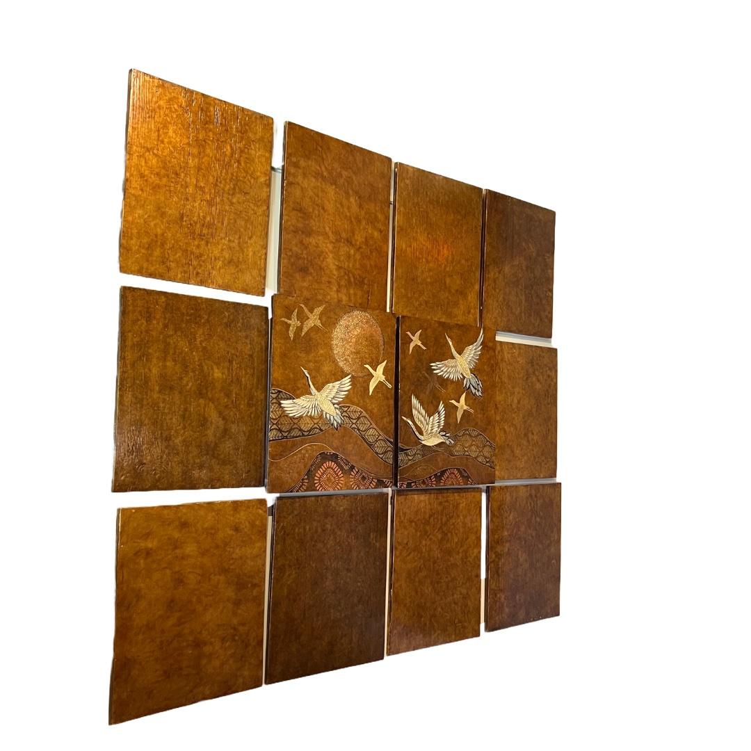 The Japanese Crane paneling from the 20th century are a fusion of traditional and contemporary atristory. The pieces are executed on solid pitch pine wood panel boards that are 18