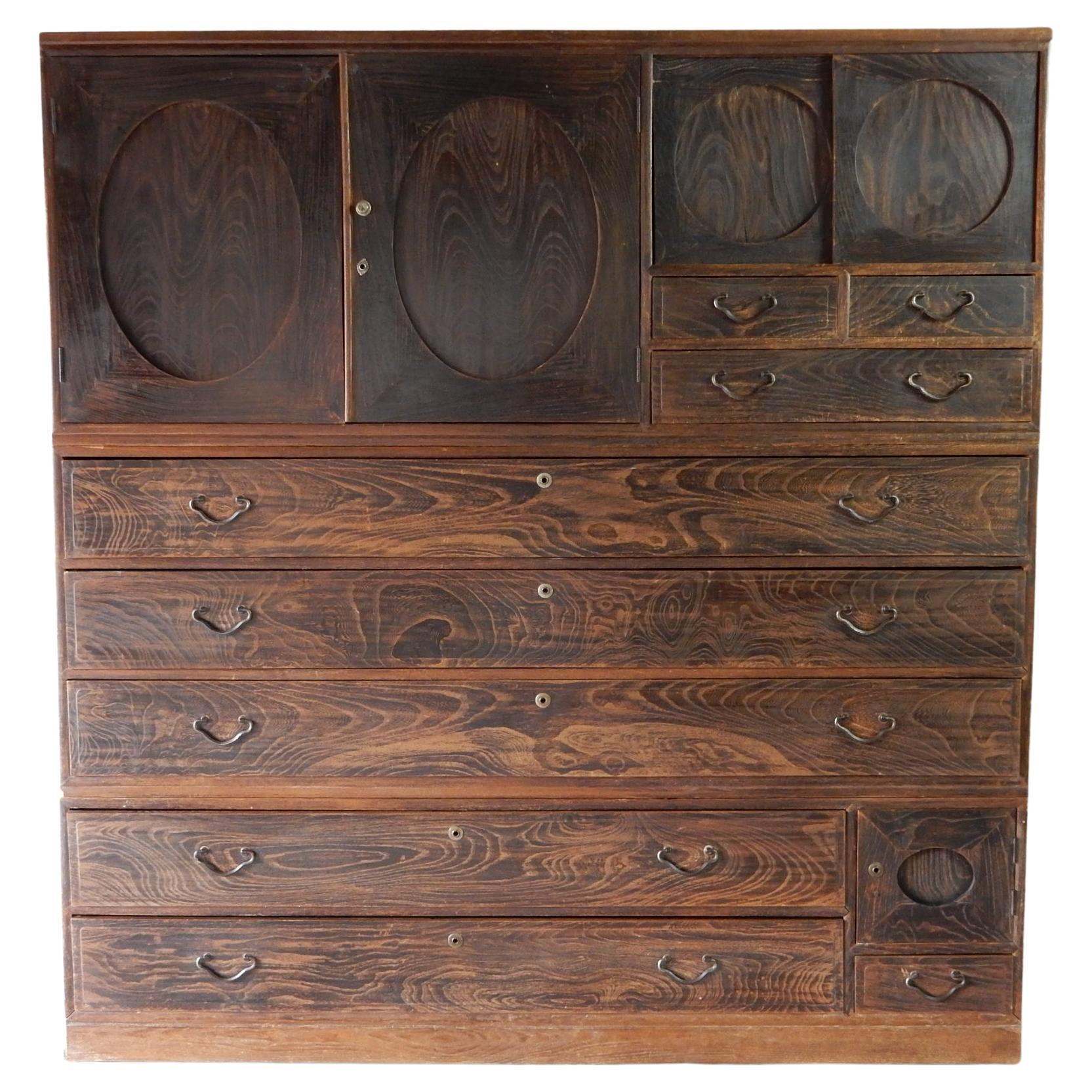  20th Century Japanese Elm Tansu Chest of Drawers Cabinet Set 3 parts Wabi Sabi For Sale 5