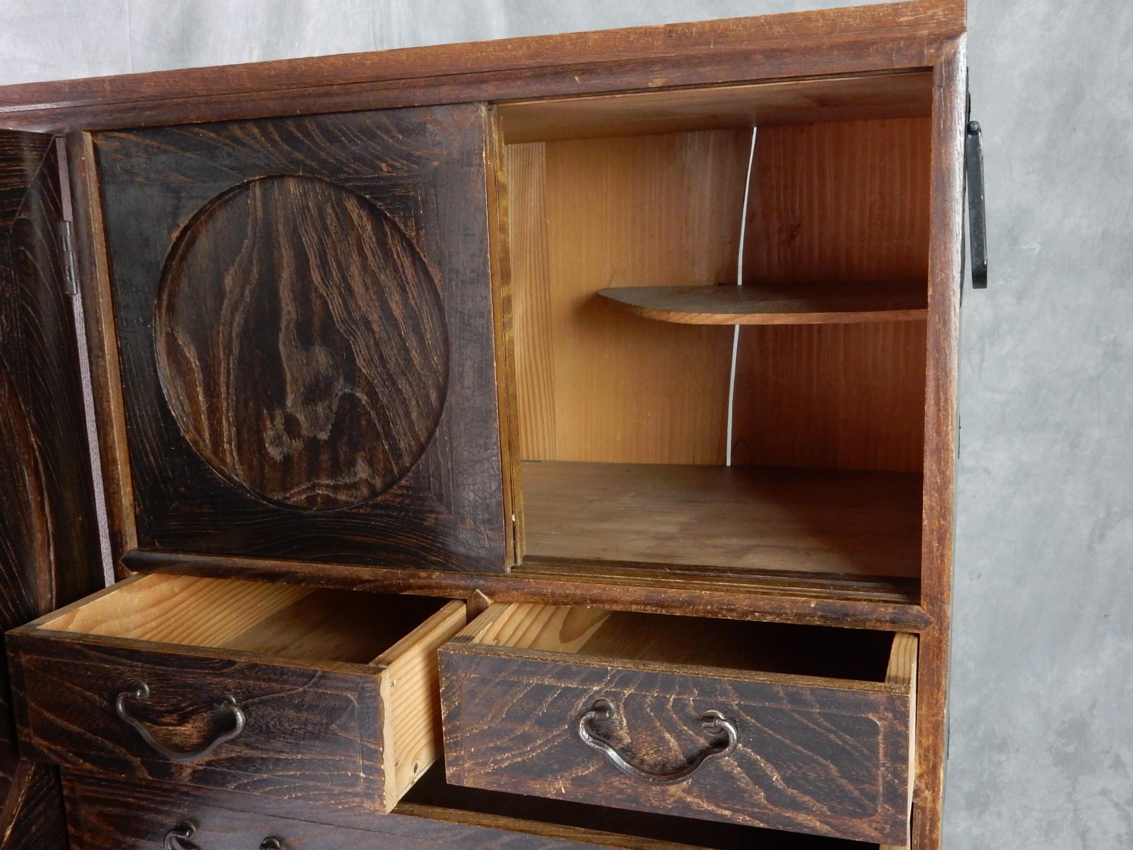 Organic Modern  20th Century Japanese Elm Tansu Chest of Drawers Cabinet Set 3 parts Wabi Sabi For Sale