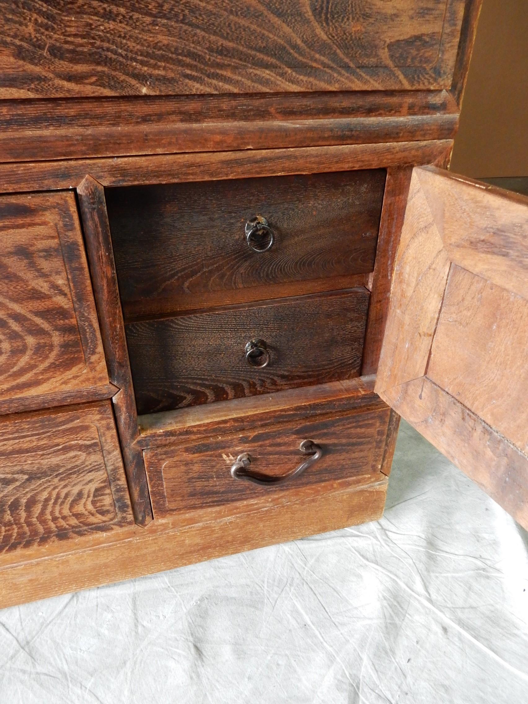 Iron  20th Century Japanese Elm Tansu Chest of Drawers Cabinet Set 3 parts Wabi Sabi For Sale