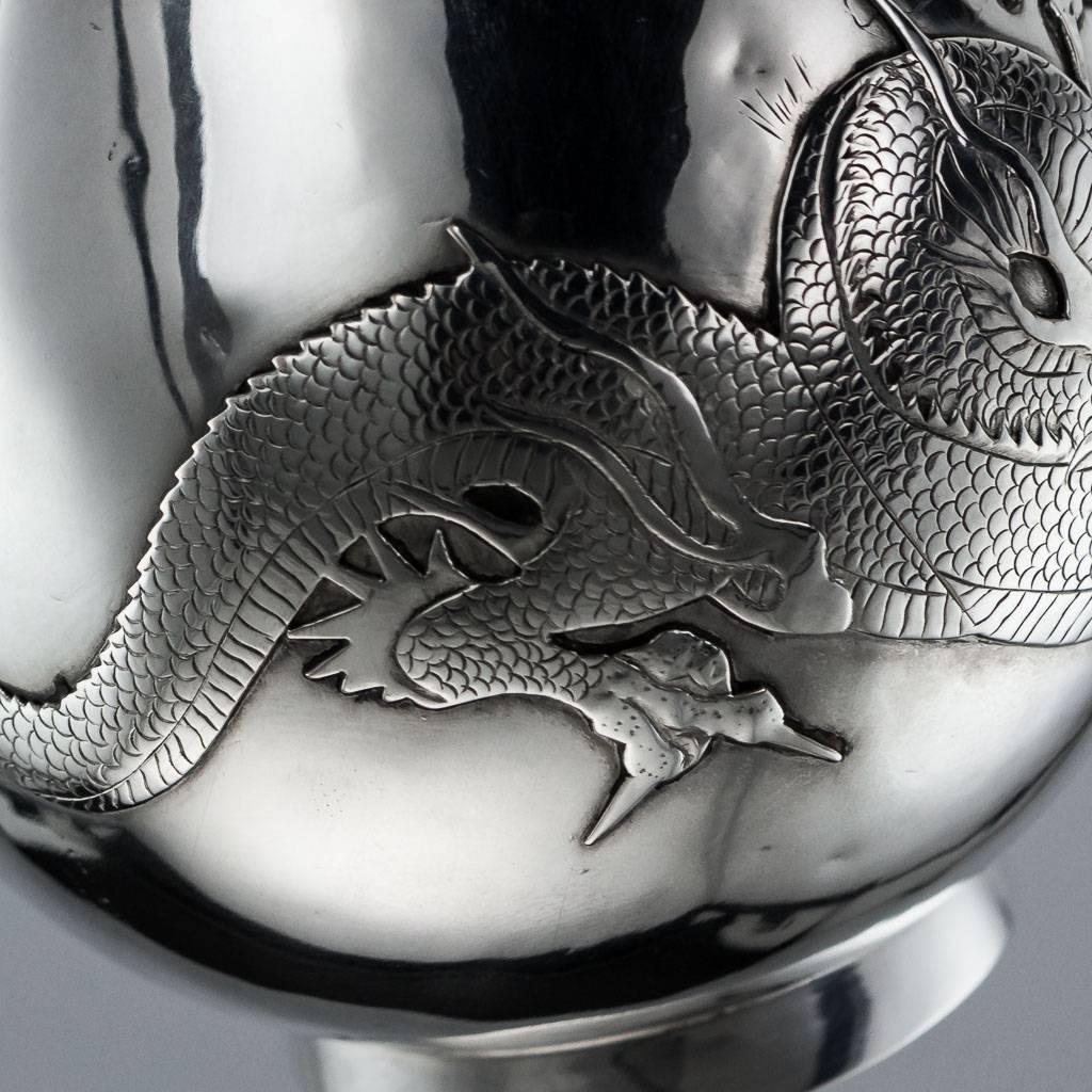 20th Century Japanese Export Solid Silver Pair of Dragon Vases, circa 1910 1