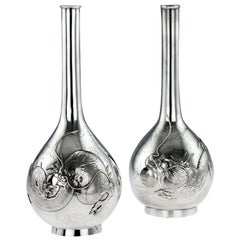 20th Century Japanese Export Solid Silver Pair of Dragon Vases, circa 1910